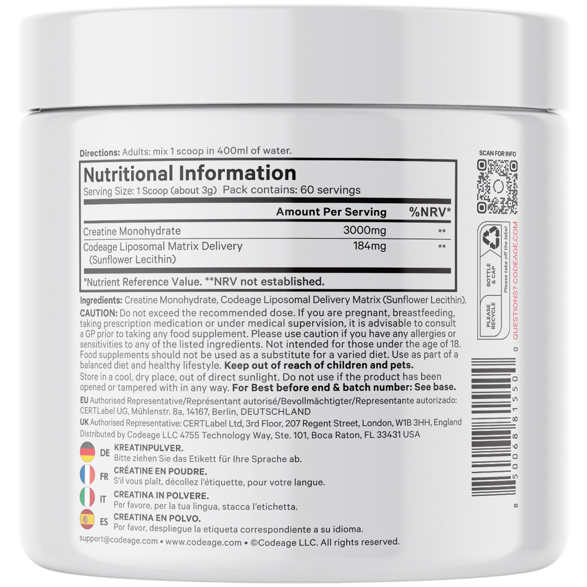 Codeage Liposomales Kreatin-Monohydrat-Pulver — 3000 Mg Pro Portion, Geschmacksneutral, 60 Portionen — Nahrungsergänzungsmittel Vor Und Nach Dem Training — 2-Monats-Vorrat