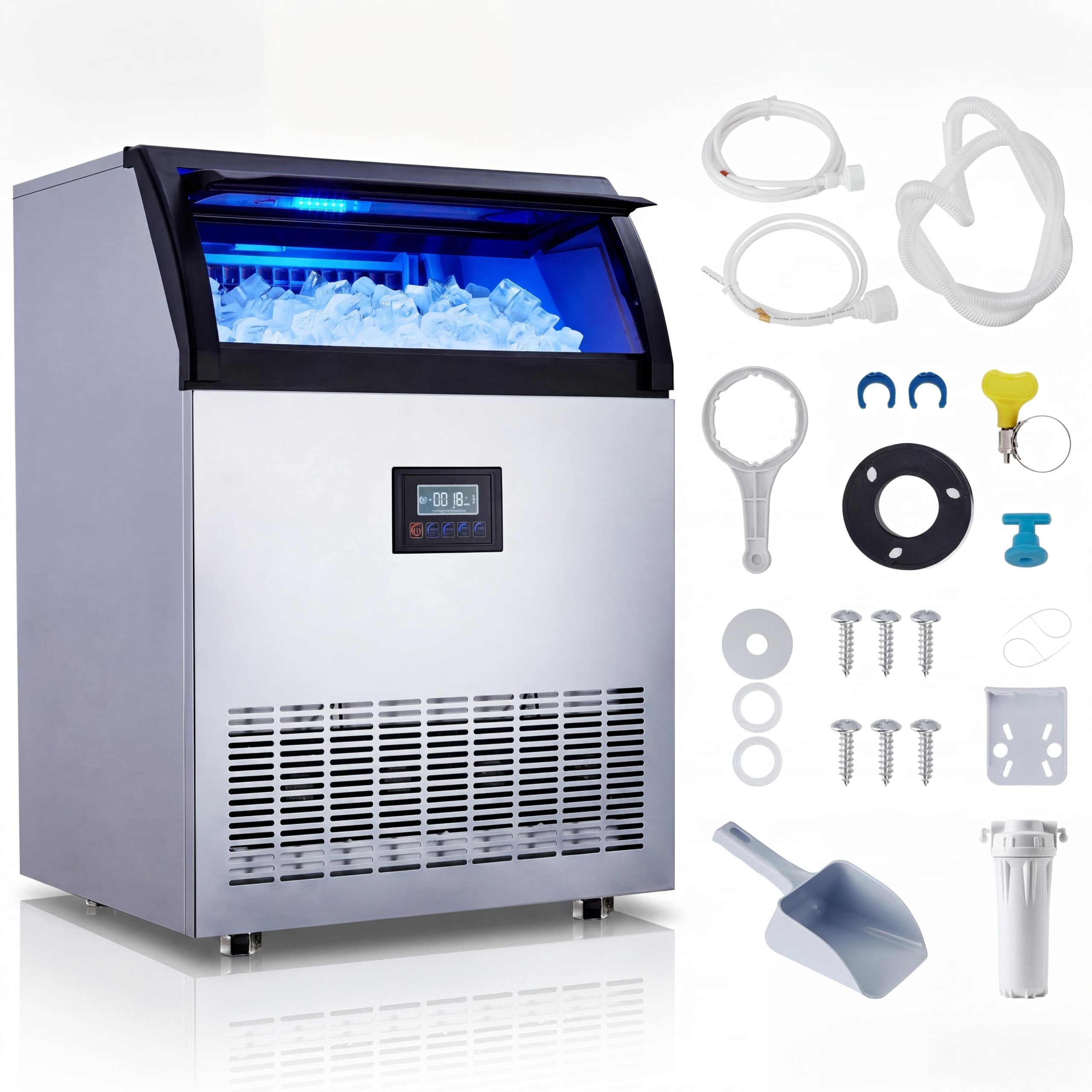 Photo 1 of 250lbs Commercial Ice Maker Machine, 420W High Power, 60 Lbs Storage Bin, 50 Cubes Per 15 Minutes, Freestand, Adjustable Thickness, Self-Cleaning, ETL Certified for Industrial, Restaurant Bar Home
