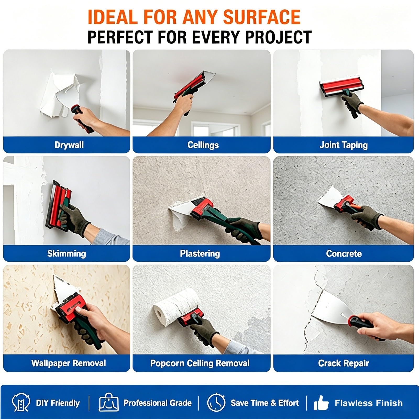 Attrezzi Rasatura Pareti, 6 Lame Inox, Manico Telescopico, Valigia Portatile per Applicazione Stucco, Giunture, Riparazione Superficie, Finitura Veloce Cartongesso(Blue)