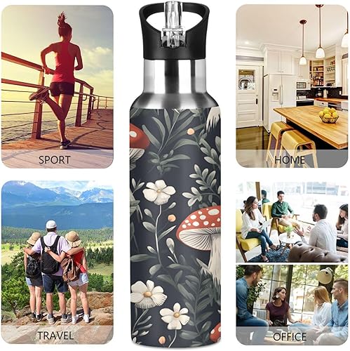 Miniatura 5 de Insulated Stainless Steel Water Bottle with Straw 20 Oz, BPA-Free Sport Water Bottle for Gym Outdoor Travel School, Red Mushrooms White Flowers