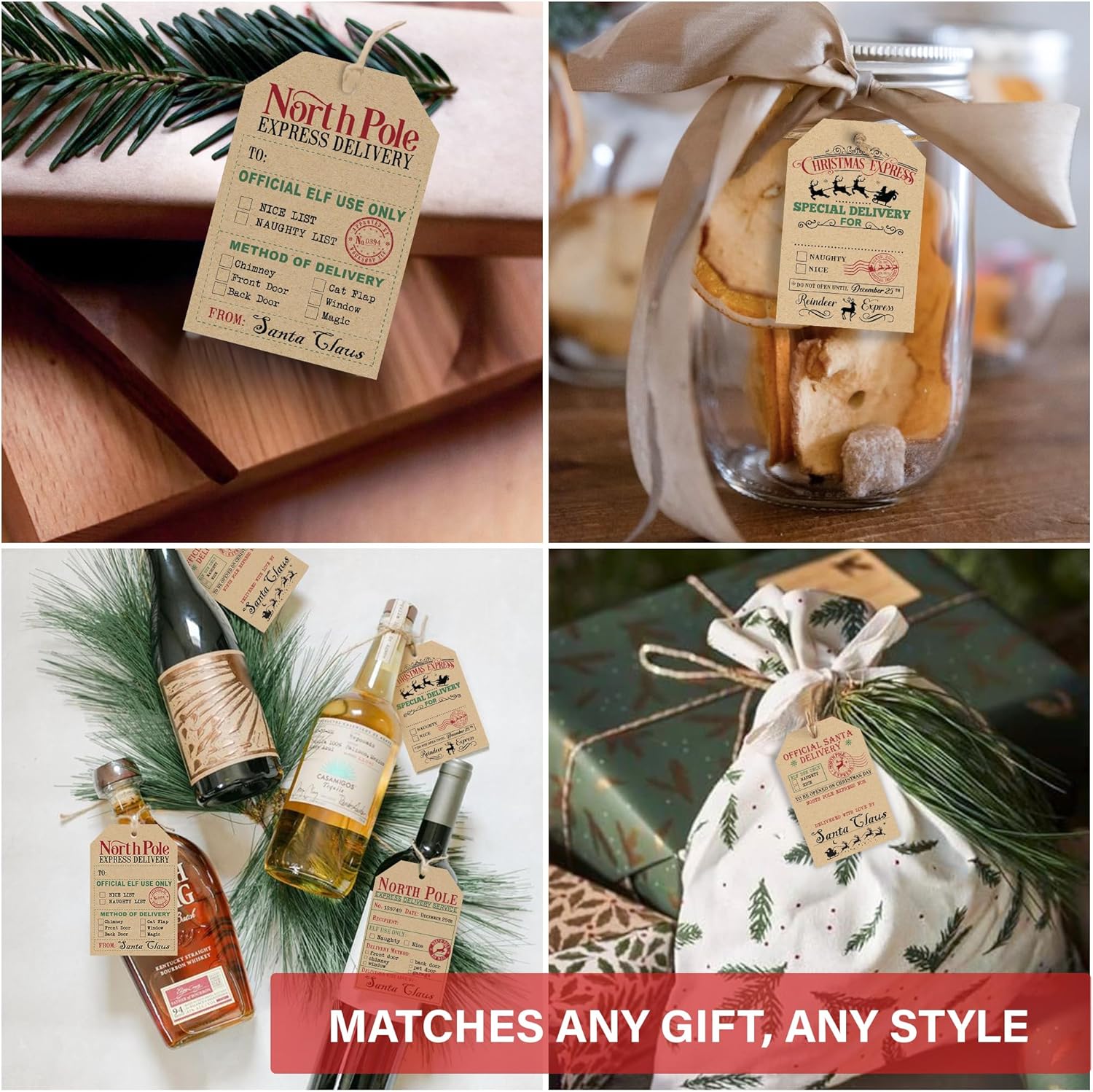 from Santa Christmas Gift Tags, 48 Kraft Labels with String (2x3”), 4 Vintage Santa Tags, Rustic Holiday Name Labels for Presents - Image 4