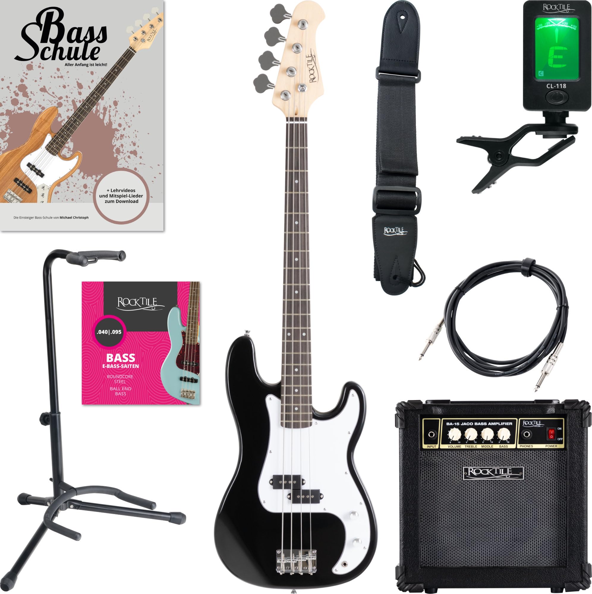Rocktile Puncher zestaw basów elektrycznych Longscale w stylu Preci-Style z dzielonym odbiornikiem - w zestawie pasek gitarowy, kabel i szkoła basów elektrycznych - czarny