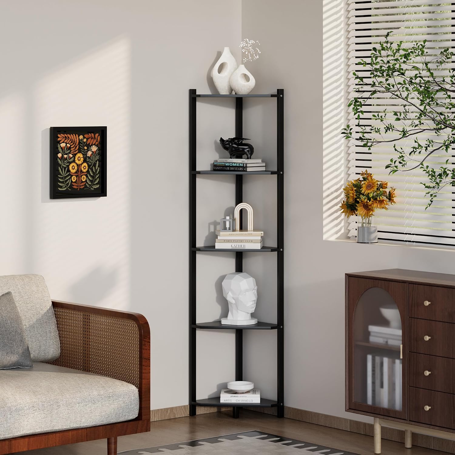 Wisuce Bamboo Tall Corner Shelf Stand, 5-Tier Black Corner Bookshelf