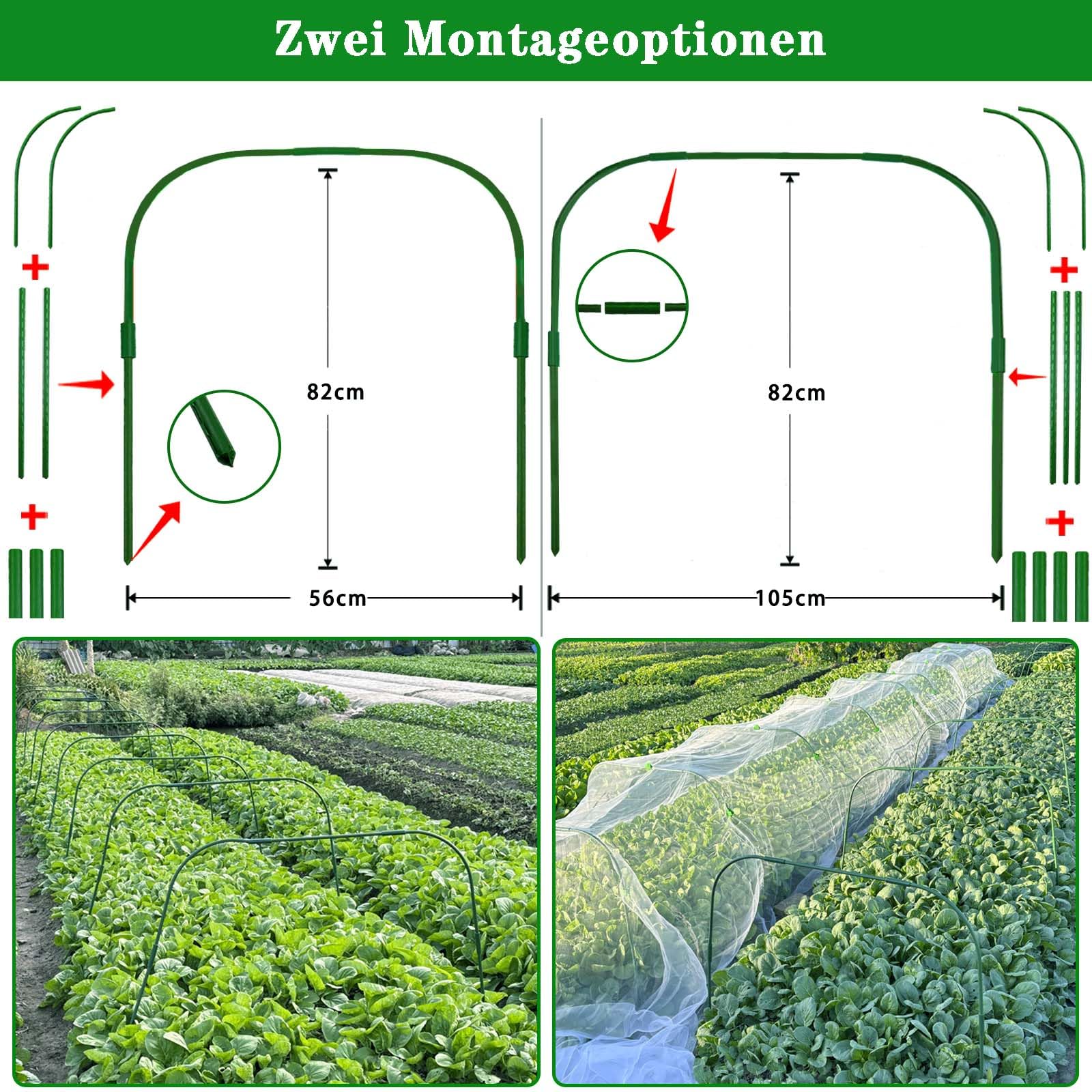 10 Sets 82x105cm Gartenbögen für Netze mit 30 Clips,Rostfreie,Abnehmbare Pfähle,Anzuchttunnelbogen für Gewächshausbögen,Gartennetzrahmen,PflanzeNstützrahmen für Grünpflanzen Gemüse