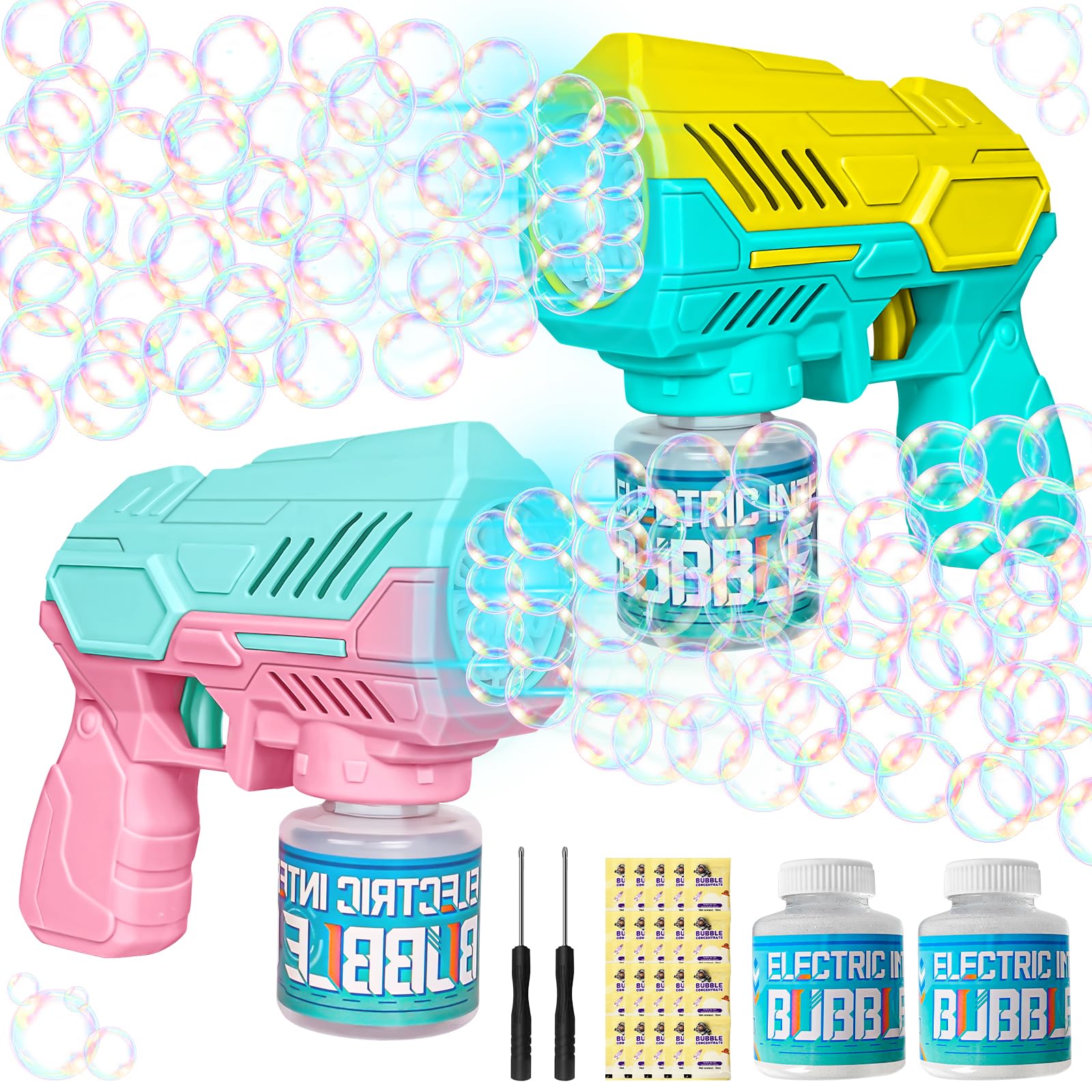 Pistola a Bolle per Bambini, 2 Pcs Macchina Automatica per Bolla di Sapone 10000+ Bolla/Min, Giocattoli a Sapone con Luce LED, 440ml Liquido Incluso, Feste Estive all'aperto Regalo Nozze