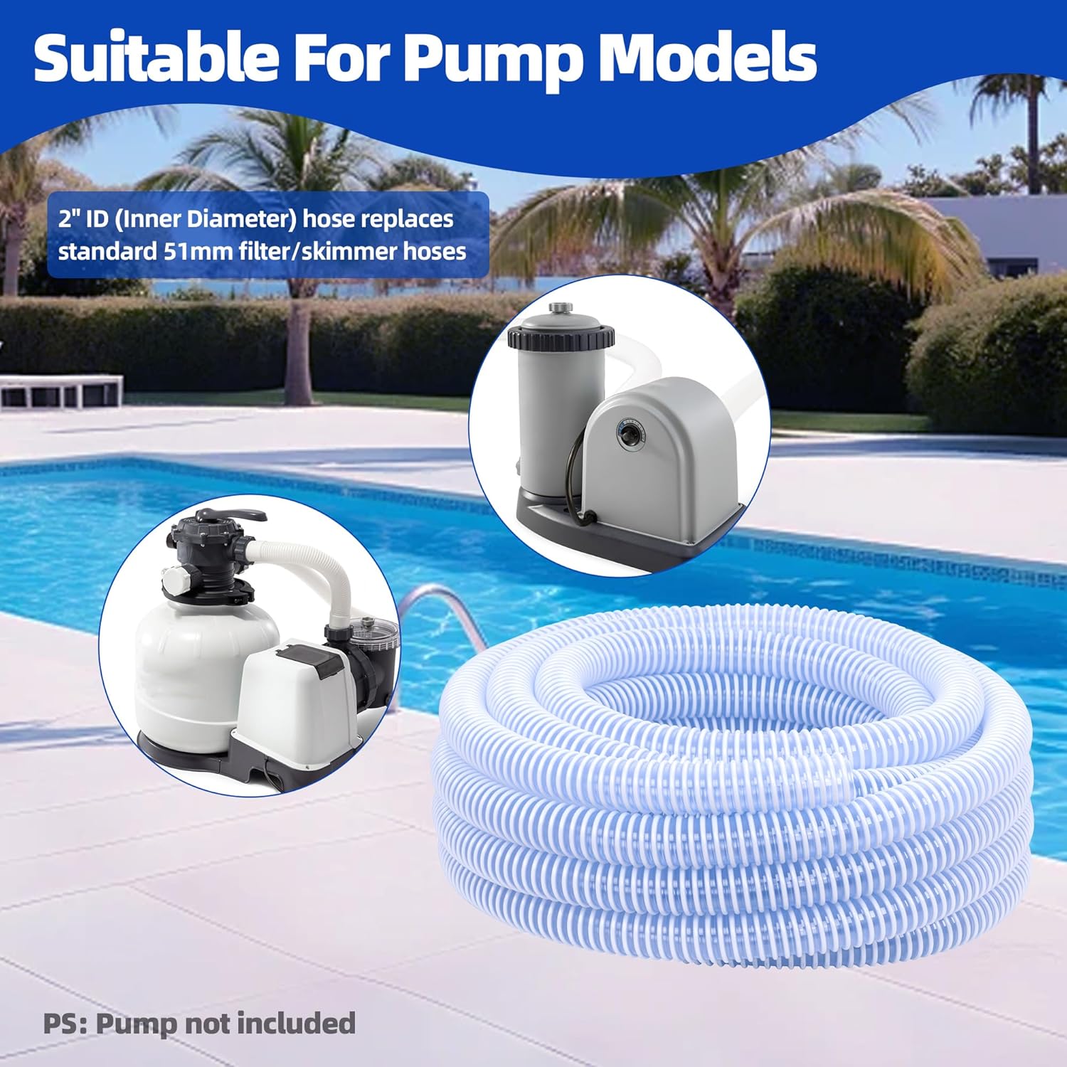 DAVCO 2" ID Heavy Duty Clear Pool Filter Pump Hose 5 ft - Cuttable Kinkproof PVC with Spiral Reinforcement, Includes 4 Stainless Steel Clamps for Above Ground Pool Systems