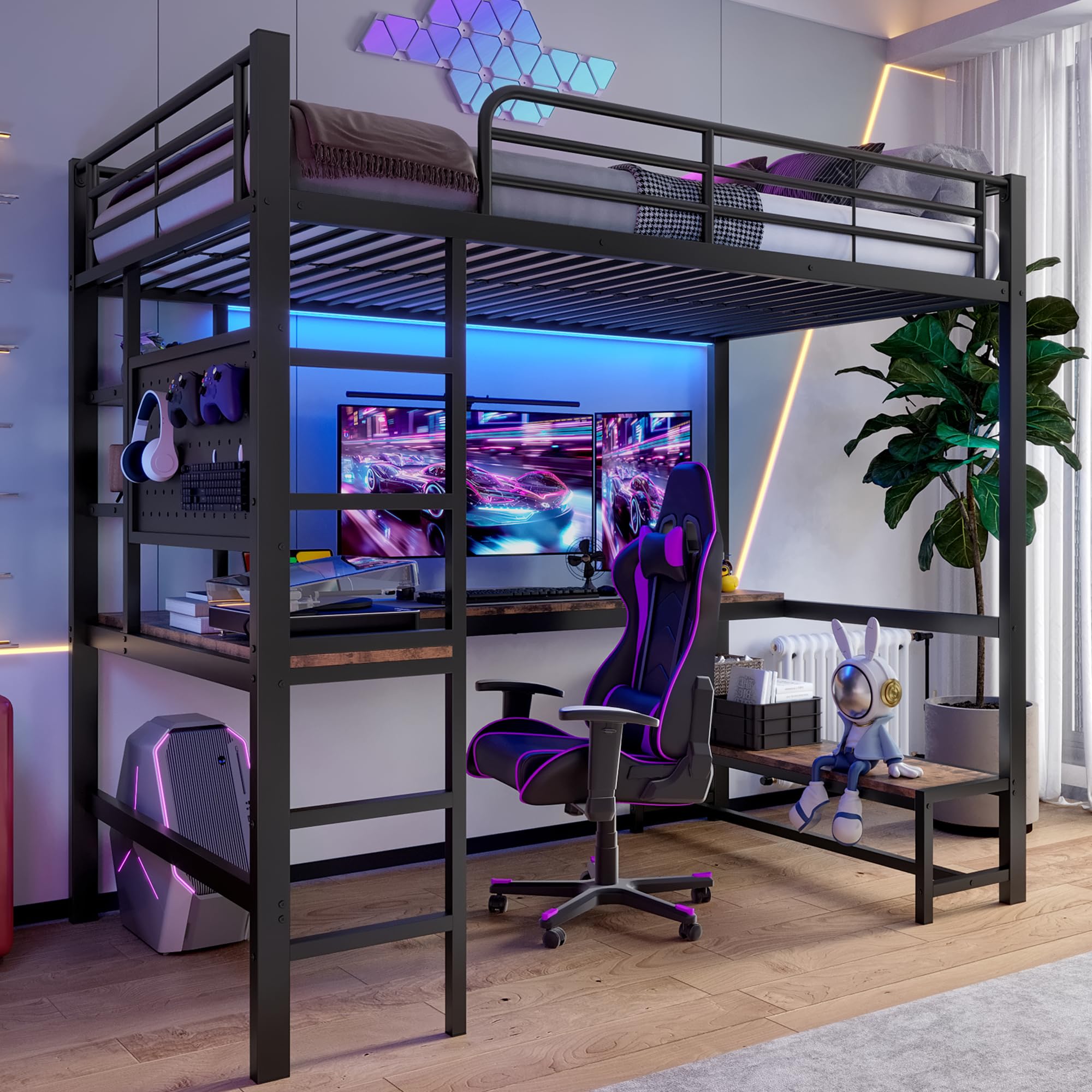 Moimhear Cama alta, marco de hierro, escritorio, barandilla, escalera de tijera, varios estantes, con USB+Type-c, con barra LED, con tabla perforada, sin colchón (negro, 90 x 200 cm)