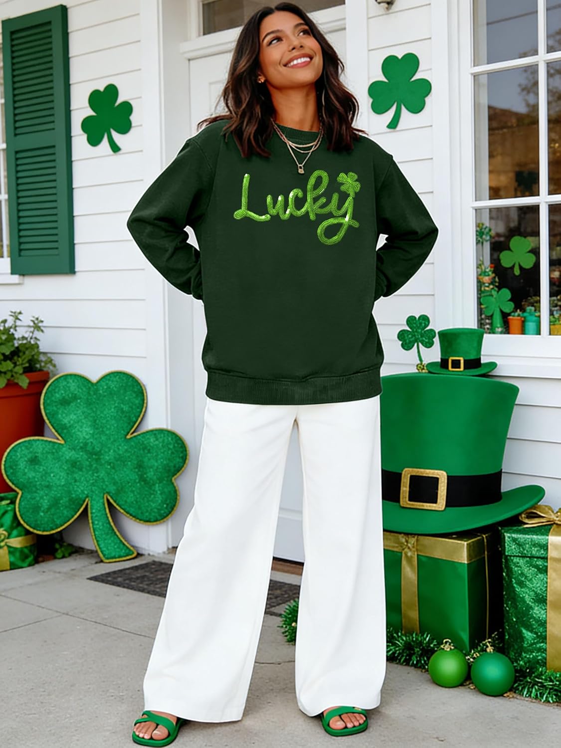 St Patricks Day Sweatshirt Women Lucky Shamrock Shirt Embroidered Striped Holiday Long Sleeve Pullover Tops - Image 4