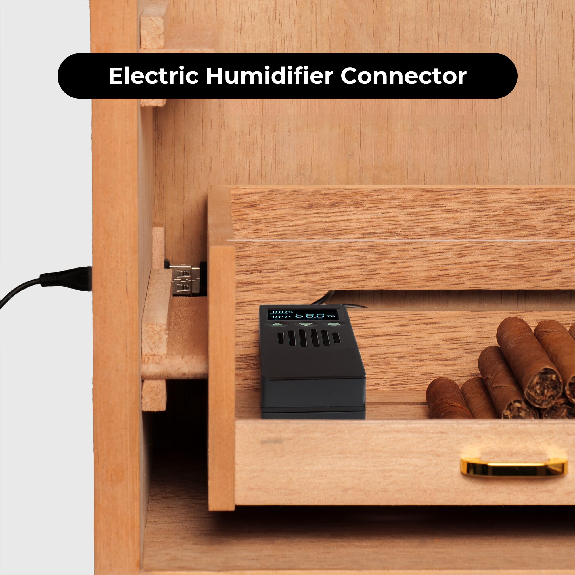 Woodronic LED-beleuchteter Zigarrenschrank Humidor für 200-250 Zigarren mit Zubehörschublade, Kristall-Luftbefeuchter, USB-Kabel für elektrische Luftbefeuchter, Schloss & Schlüssel und spanisches