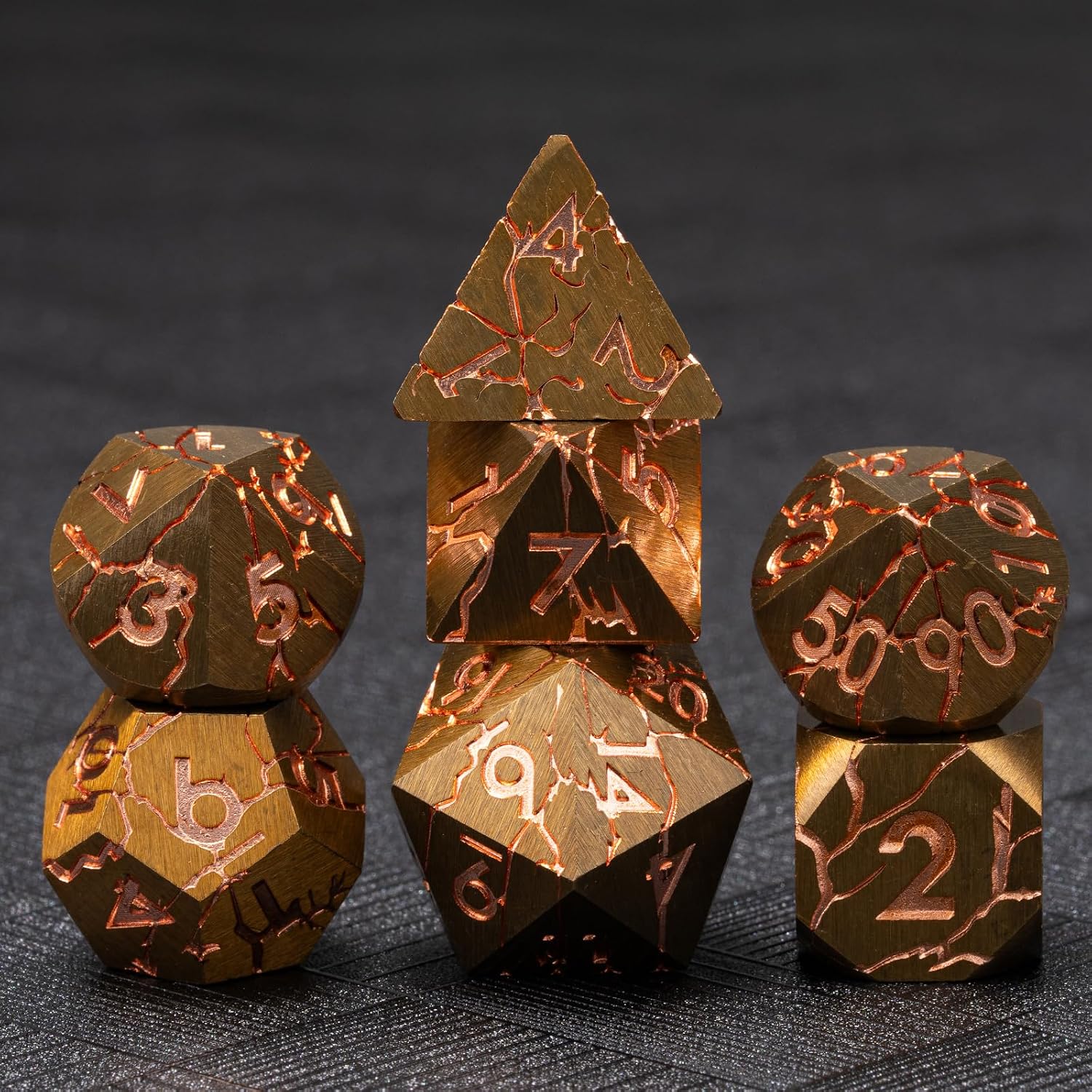 DND Dice Set Metal,Polyhedral D&D Metallic D and D Dice with Cracks for Dungeons and Dragons RPG TTRPG 7-Die Set with Gift Case (Red-Copper)
