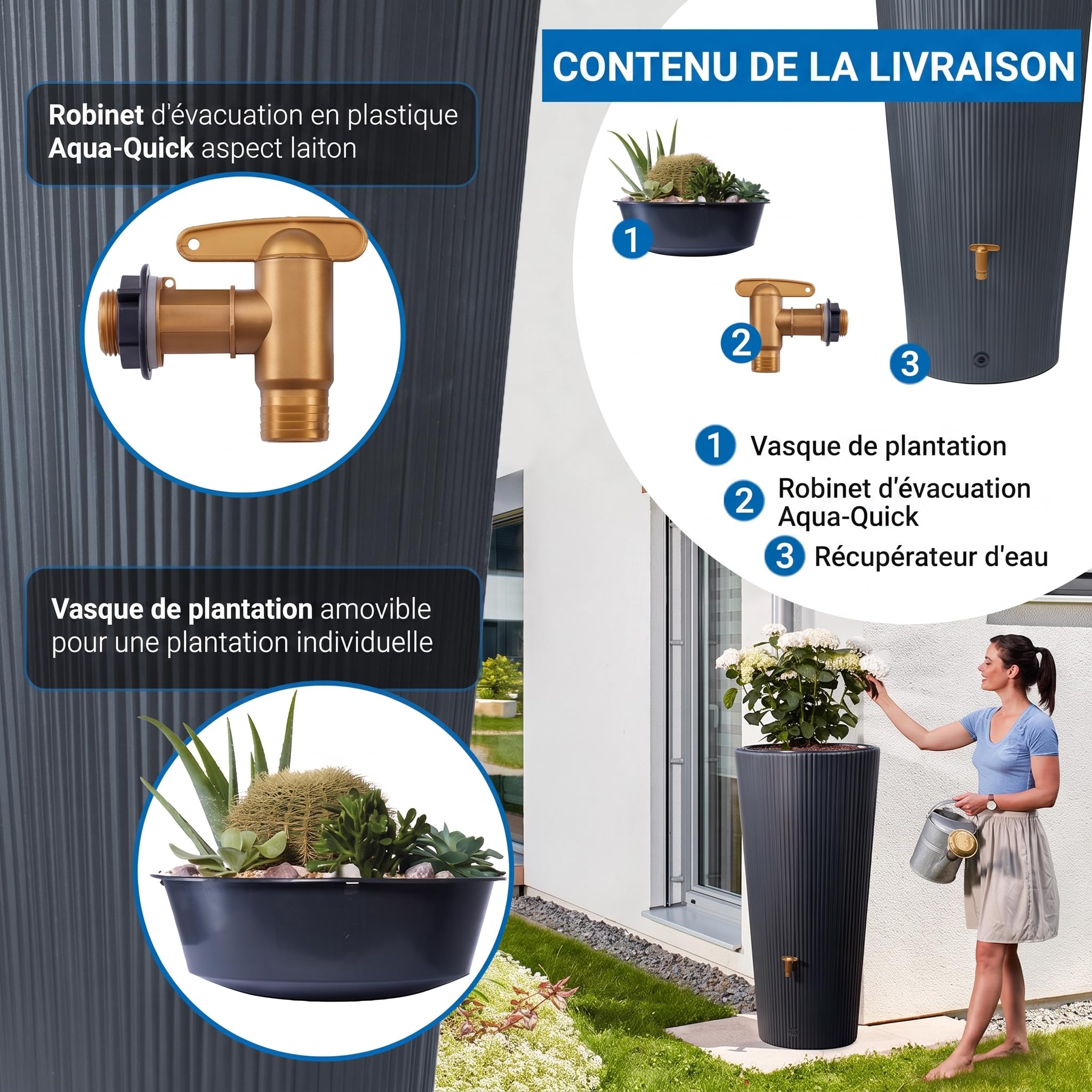 4rain Linus 2en1 Récupérateur d’Eau de Pluie 220L Graphite