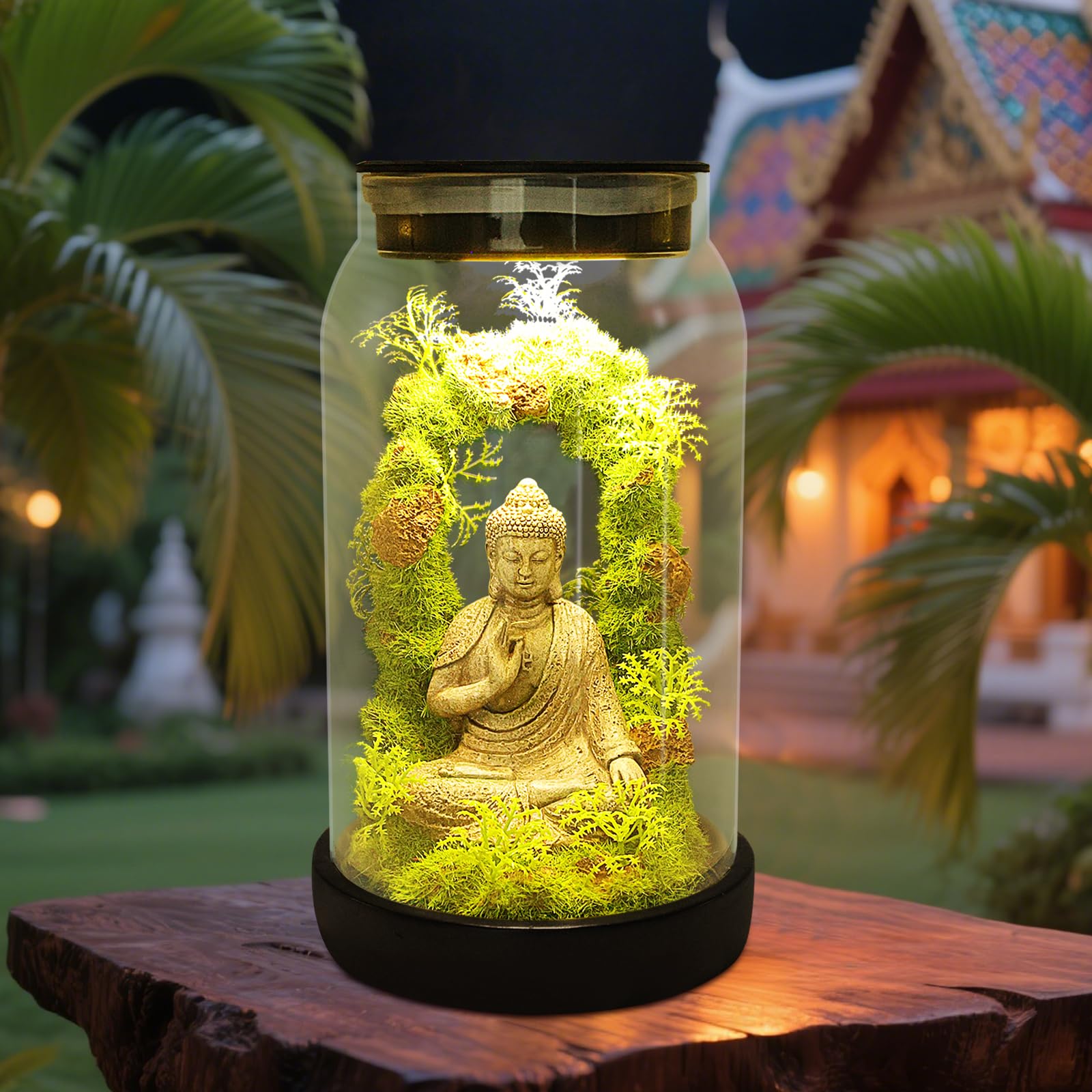 Statue de Bouddha de jardin solaire pour décoration d'intérieur – Sculptures de lumières solaires zen de 24 cm avec 15 LED, figurine de Bouddha assis, méditant, mousse sereine dans un pot pour