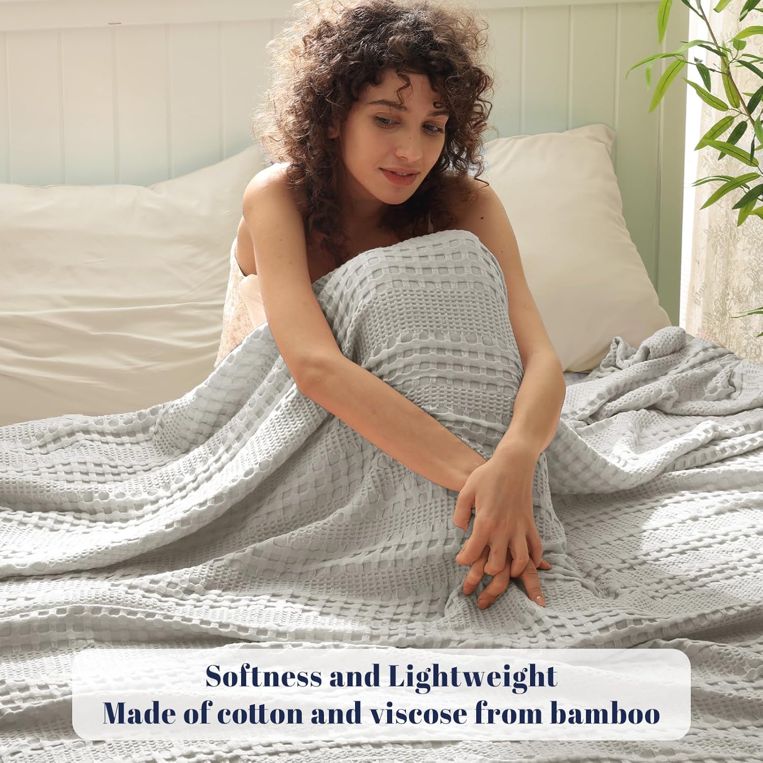 PHF Cooling Waffle Blanket King Size, Lightweight 60% Rayon Derived from Bamboo & 40% Cotton Breathable Blanket for Hot Sleepers, Soft and Luxury for Bed Couch and Sofa, 104"x90", Grey - Image 2