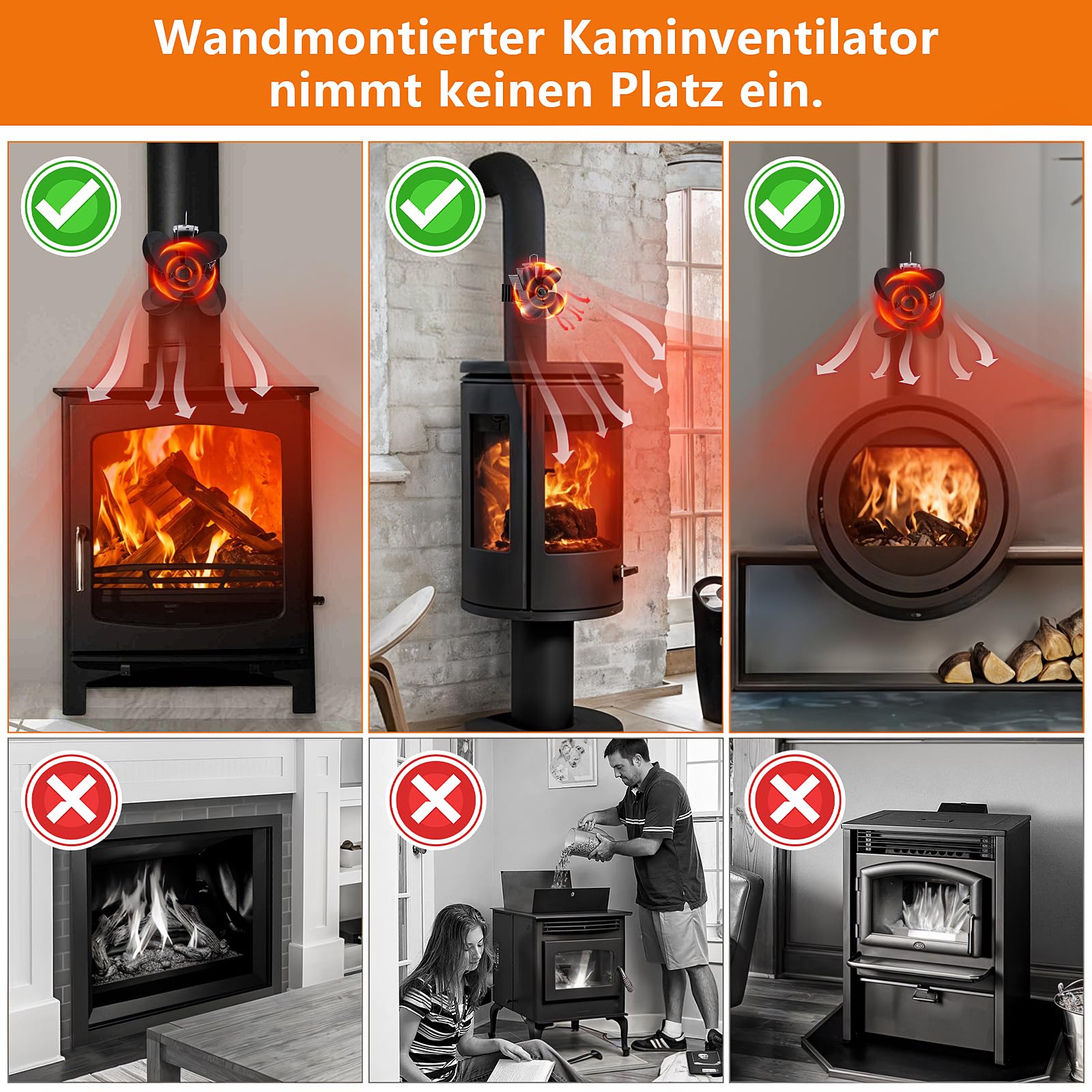 Hanaoyo Kaminventilator Magnetisch, Verbesserter Ofenventilator Ohne Strom Leiser, Kaminlüfter für Holz/Brennholz/Feuerstelle/Ofenrohr, Ofenventilator für Rauchrohr mit 2 Ersatzring