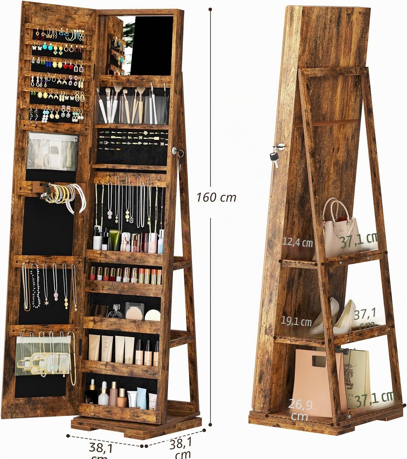 SogesPower Armoire à Bijoux avec Miroir Pivotant 360° et Verrou - Organisateur Multifonction pour Bagues, Colliers & Cosméticos - Idée Cadeau Élégante (Anniversaire, Mariage, Noël) - Vintage