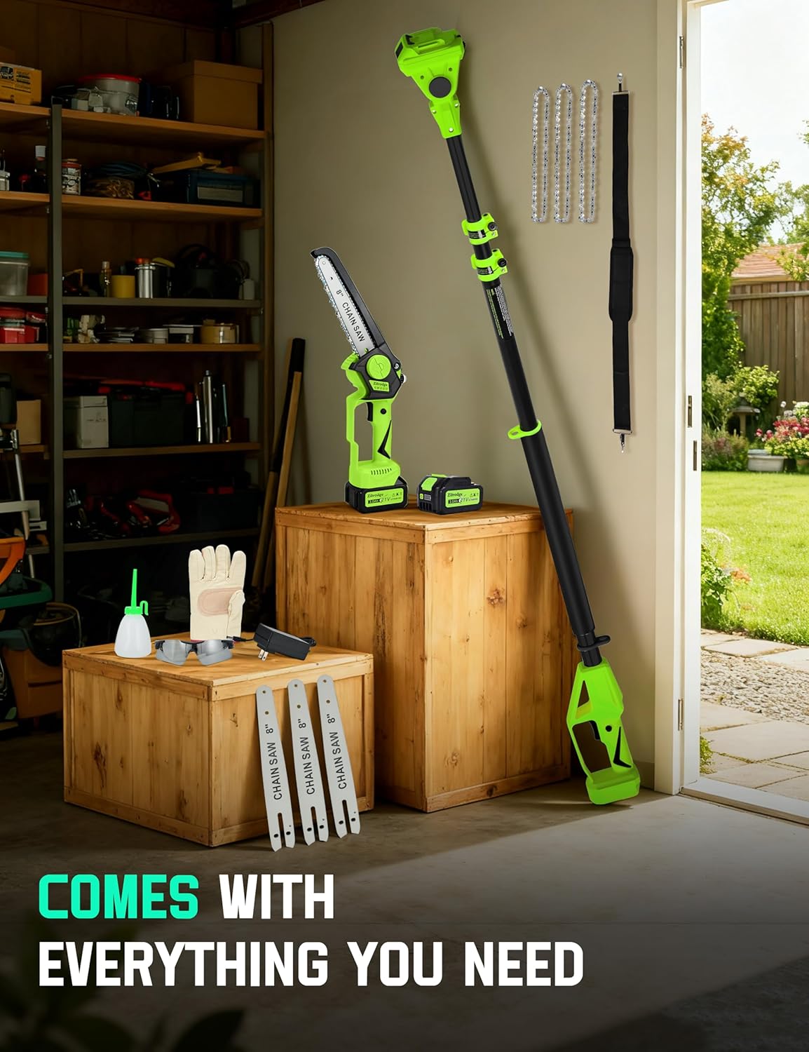 8“ Electric Pole Saws for Tree Trimming, 2-in-1 Pole Saw Cordless & Mini Chainsaw with Extension Pole, 15FT Max Reach Pole Saw Battery Powered, Tree Trimmer Limb Branch Cutter Pruner, 2×3.0Ah Battery