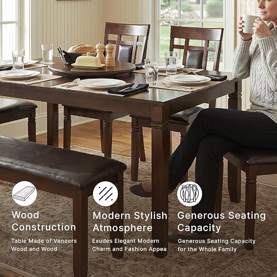 Signature Design by Ashley Bennox 6 Piece Dining Set with Upholstered Bench, Table & 4 Upholstered Chairs, Seats 6, Wood, Brown