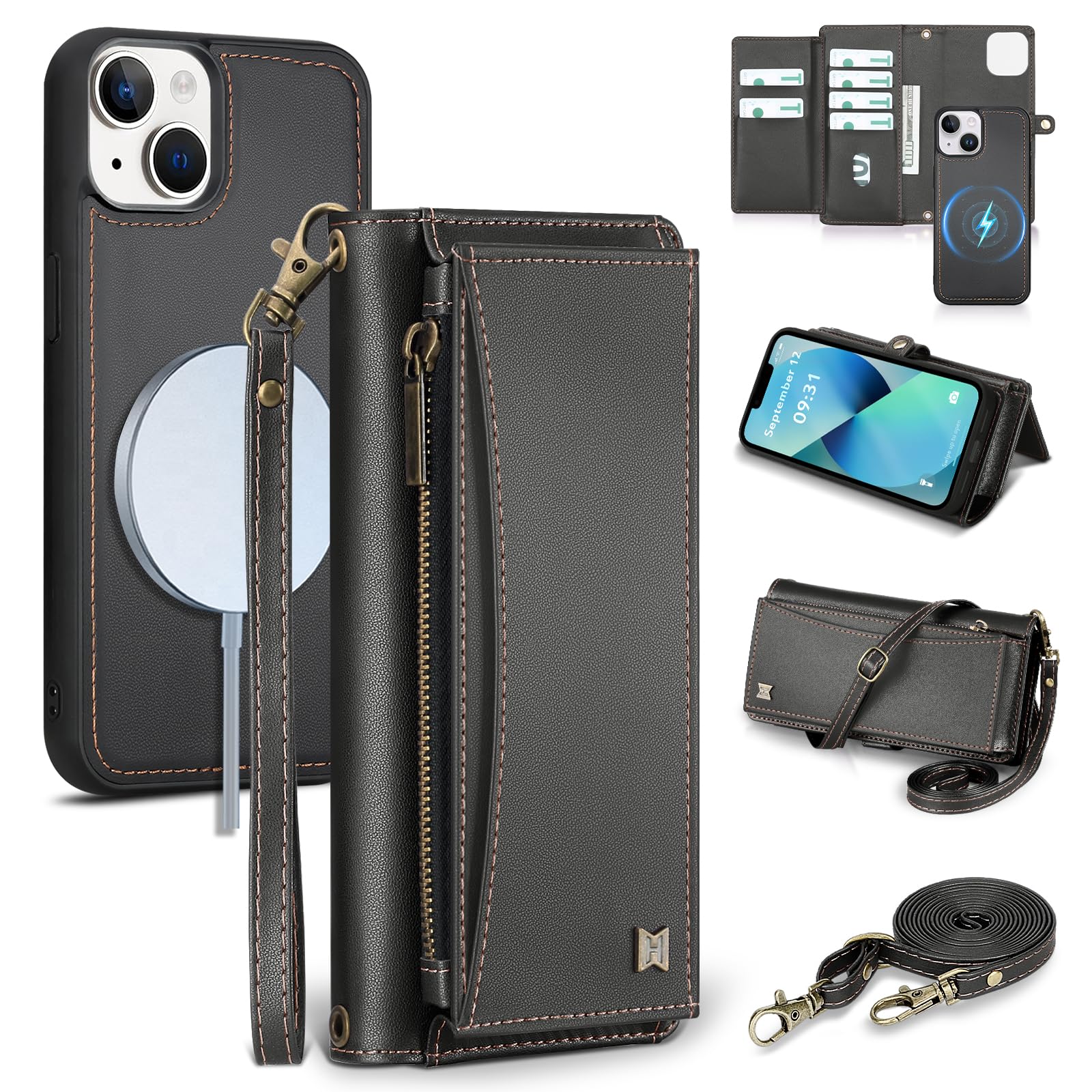 Custodia a portafoglio per iPhone 13 con porta carte di credito/portafoglio a tracolla/cinturino, blocco RFID, magnetica, cavalletto, staccabile, custodia in pelle PU per iPhone 5,2 pollici
