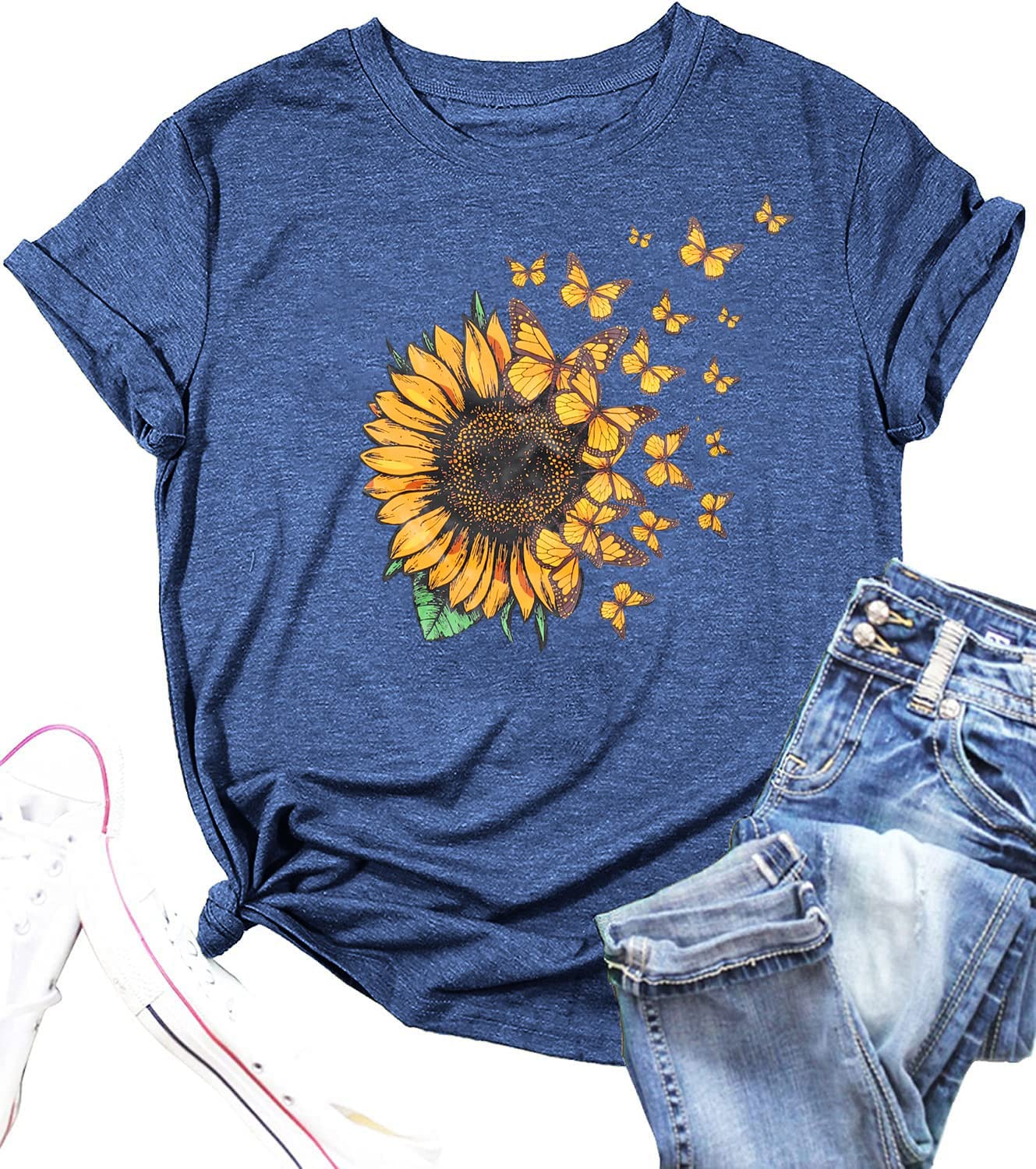 FRYAIDWomen Sunflower Shirts Cute Butterfly Graphics Tshirt Casual Short Sleeve Summer Tops Holiday Tee Shirt
