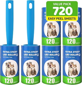 Lint Roller Refills with Handle 6 Pack 720 Sheets | Extra Sticky, Fit 3.8"-4" Standard Size Lint Roller, Inner Diameter at 1.5", For Pet Hair, Clothes, Furniture, Cars
