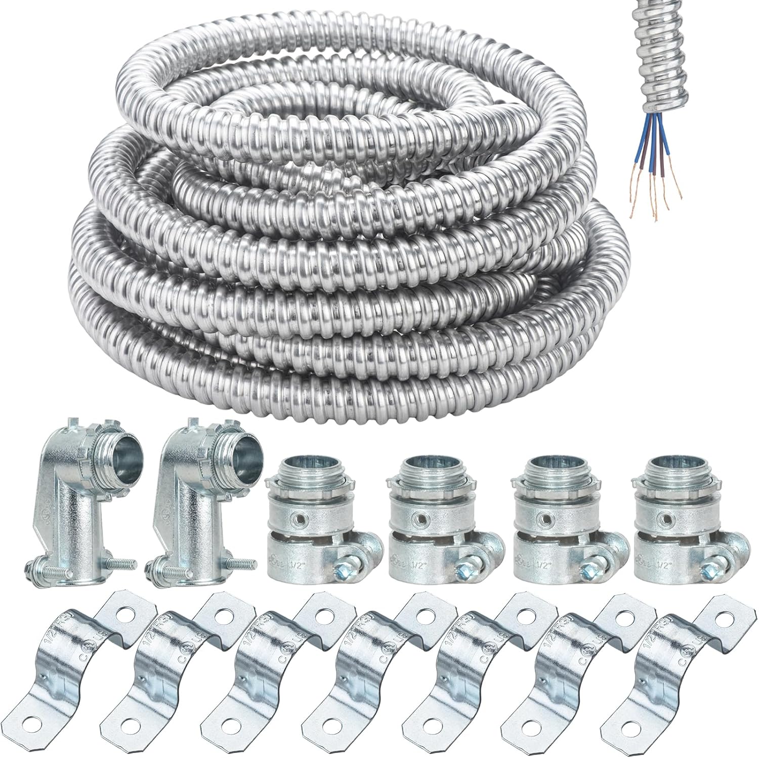 (1/2" Dia * 25 Feet) Yariwiz 1/2 Aluminum Flexible Conduit Kit with 4 PCS Coupling, 2 PCS Elbow and 7 PCS Strap, A-LCCK-0.5-25FT-KIT