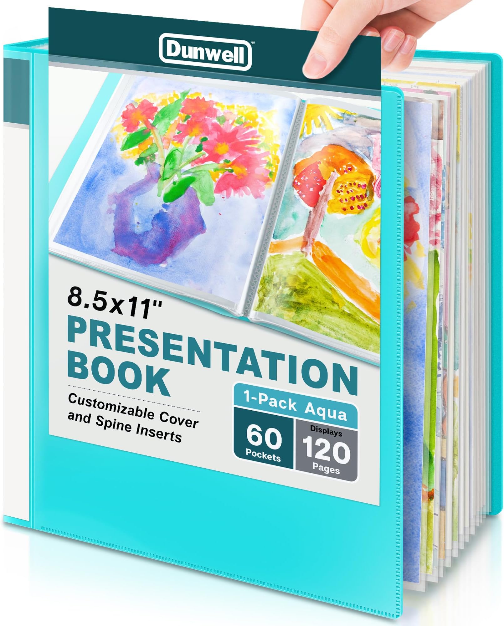 Dunwell Presentation Binder 60-Pocket, Displays 120 Pages, 8.5x11 Portfolio Binder with Plastic Sleeves, Storage and Organizer for Documents, Photos, Kids Artwork, Projects, Recipes (Aqua)
