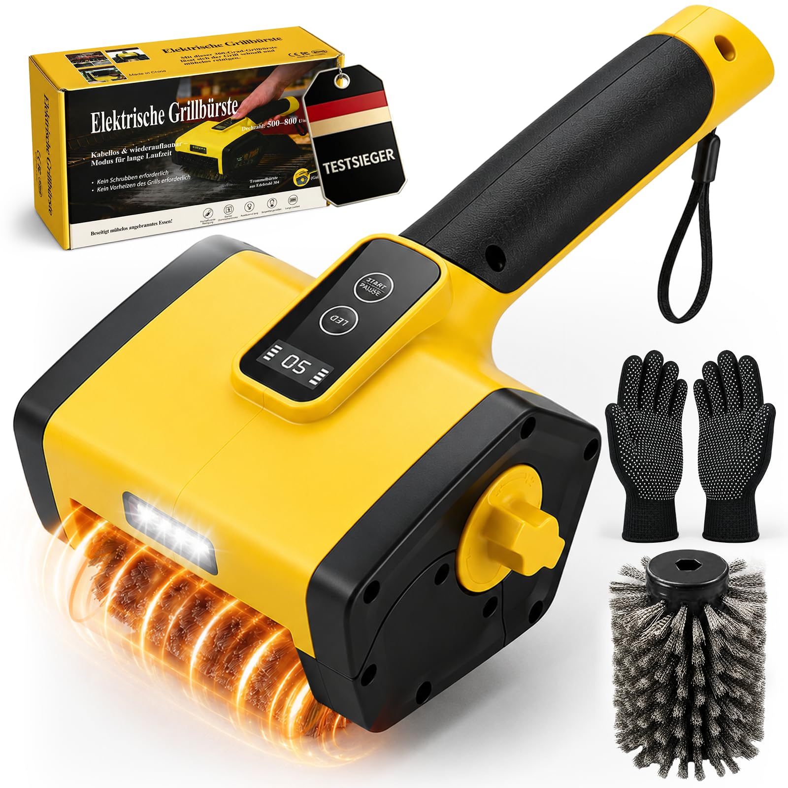 Elektrische Grillbürste Grillreiniger Elektrisch mit LED Licht, Kabellose Grill Reinigungsbürste für Grillrost, BBQ Grill Brush Edelstahl, USB-C Grill Cleaner Brush