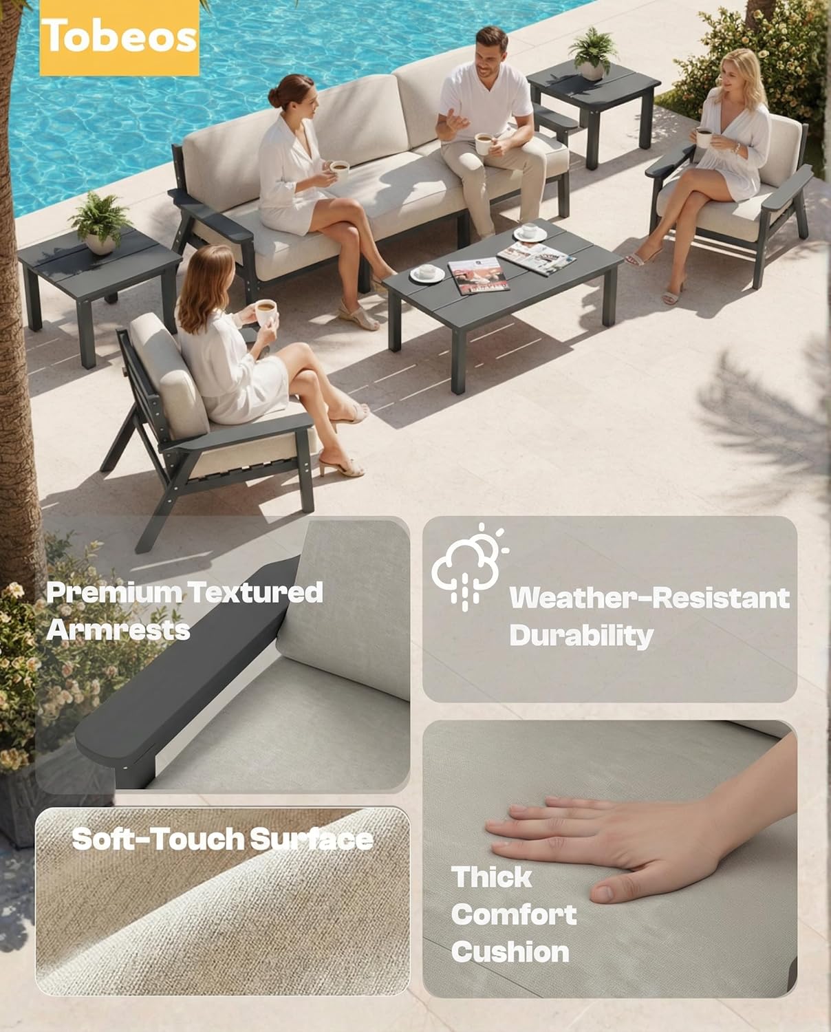 Patio Furniture Set, HDPE Outdoor Sofa Set with Beige Washable Cushions, Patio Conversation Sets for Lawn, Garden, Porch, Balcony & Deck, Durable Outdoor Sectional Furniture (Gray Frame)