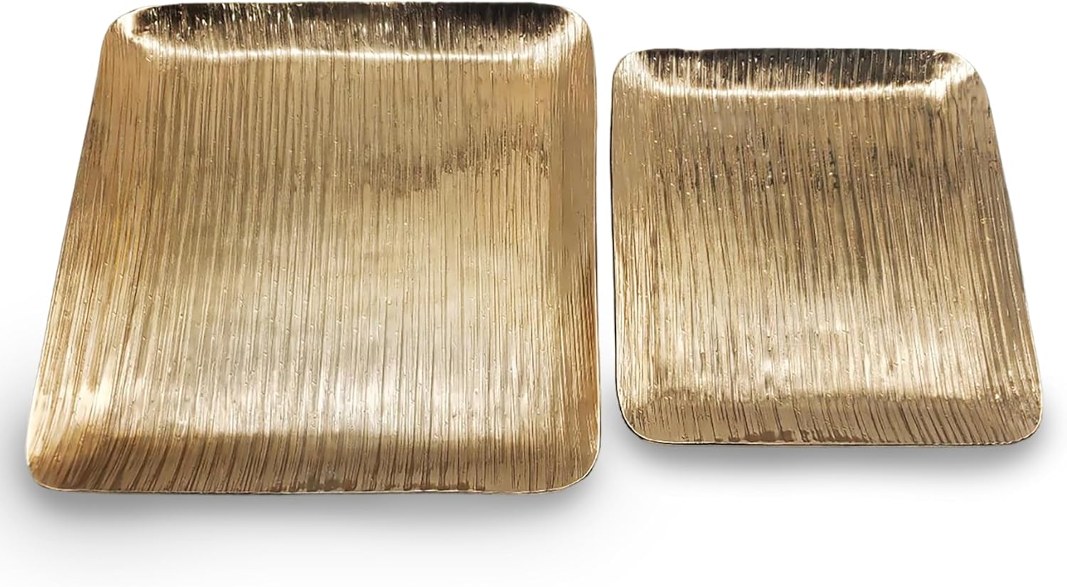 Square Brass Serving Trays with Line Design – Set of 2 Gold Color Large and Medium Festive Holiday Modern Serving Dish Platters and Decorative Trays for Kitchen or Home Decor