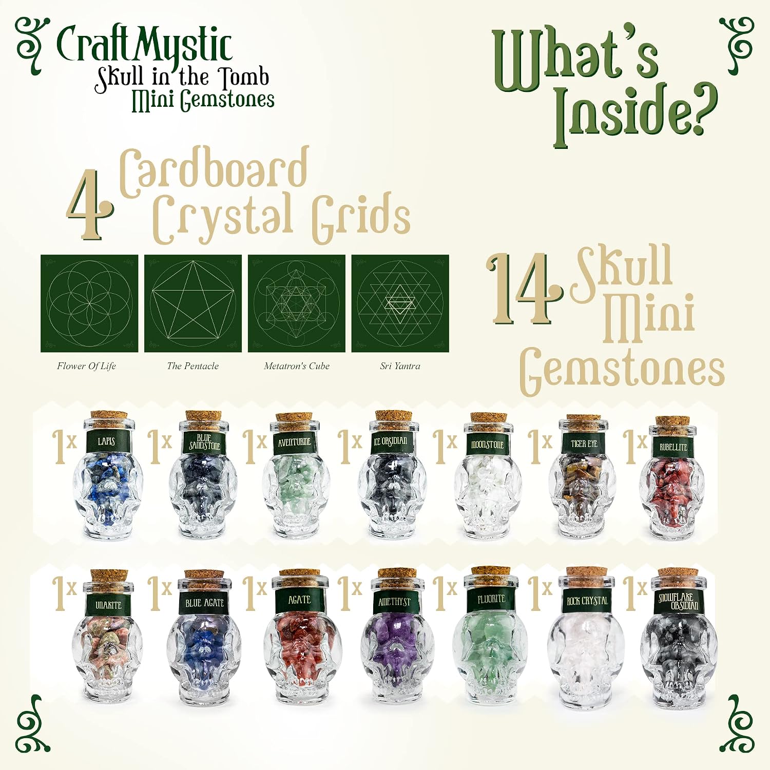 Crystals for Witchcraft in Skull Spells Jars - Real Crystal Chips Set with Crystal Grids in Tomb Box - Witchy Gifts for Women Crystals and Healing Stones Wiccan Supplies and Tools Chakra Gemstones