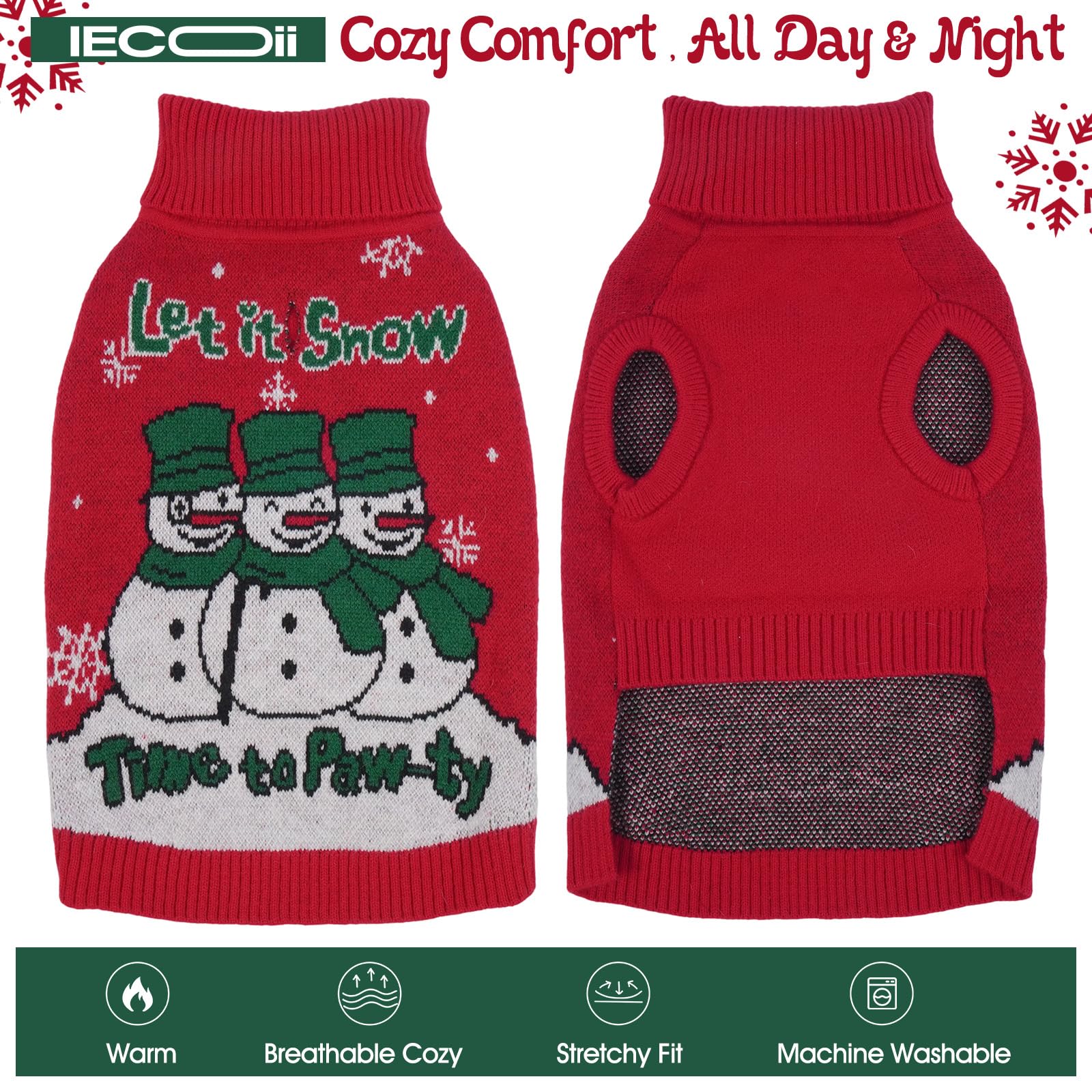 IECOii Pull de Noël pour chien de grande taille, à col roulé avec trou pour laisse, sans manches, facile à enfiler, motif bonhomme de neige, flocon de neige pour photos de Noël, rouge, taille XXL