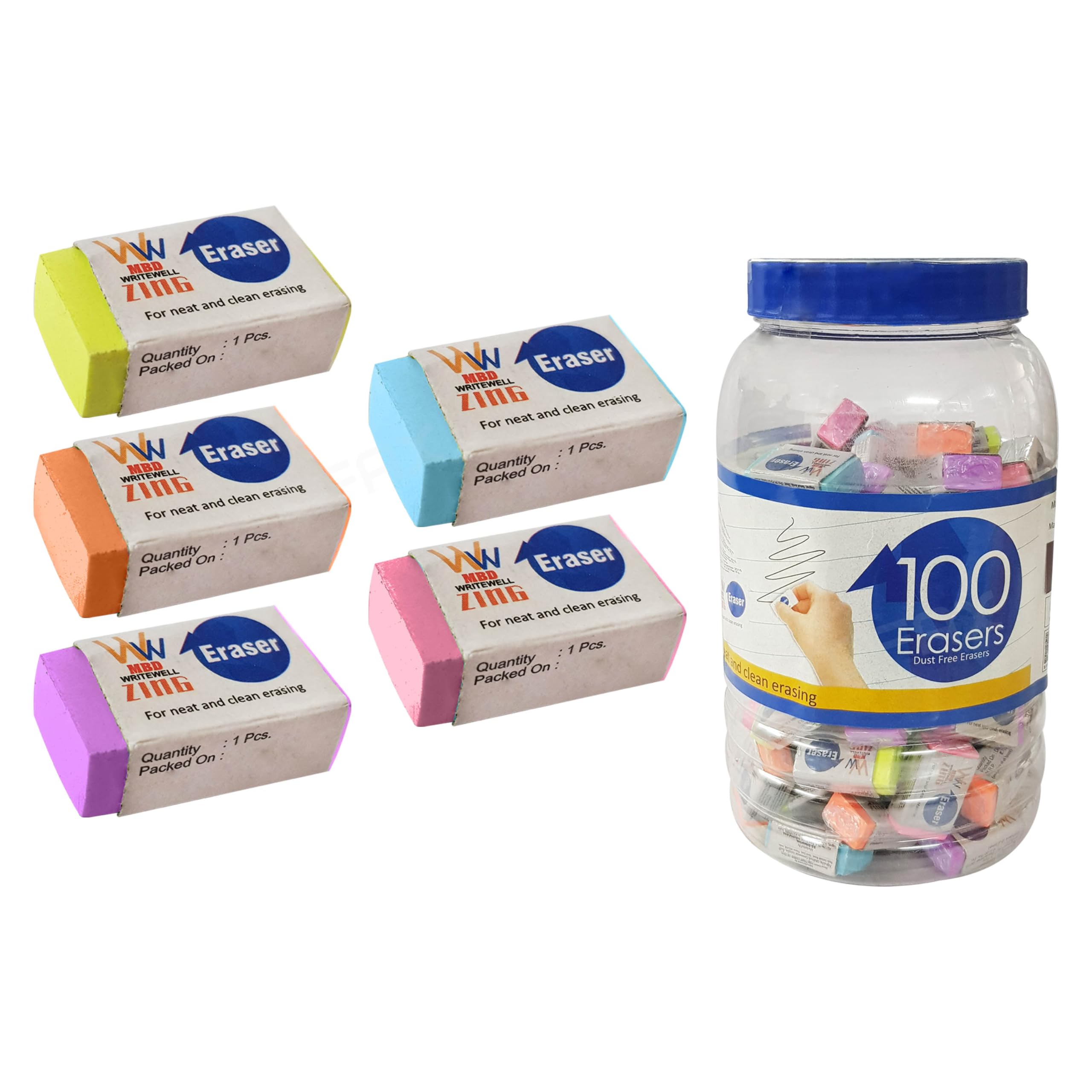 ZOFAXWritewell Novelty Coloured Erasers, Medium, Pack of 100, Multicolour, Multipack, Pencil Rubber Erasers, Perfect for School Home Office Classroom Nursery Use