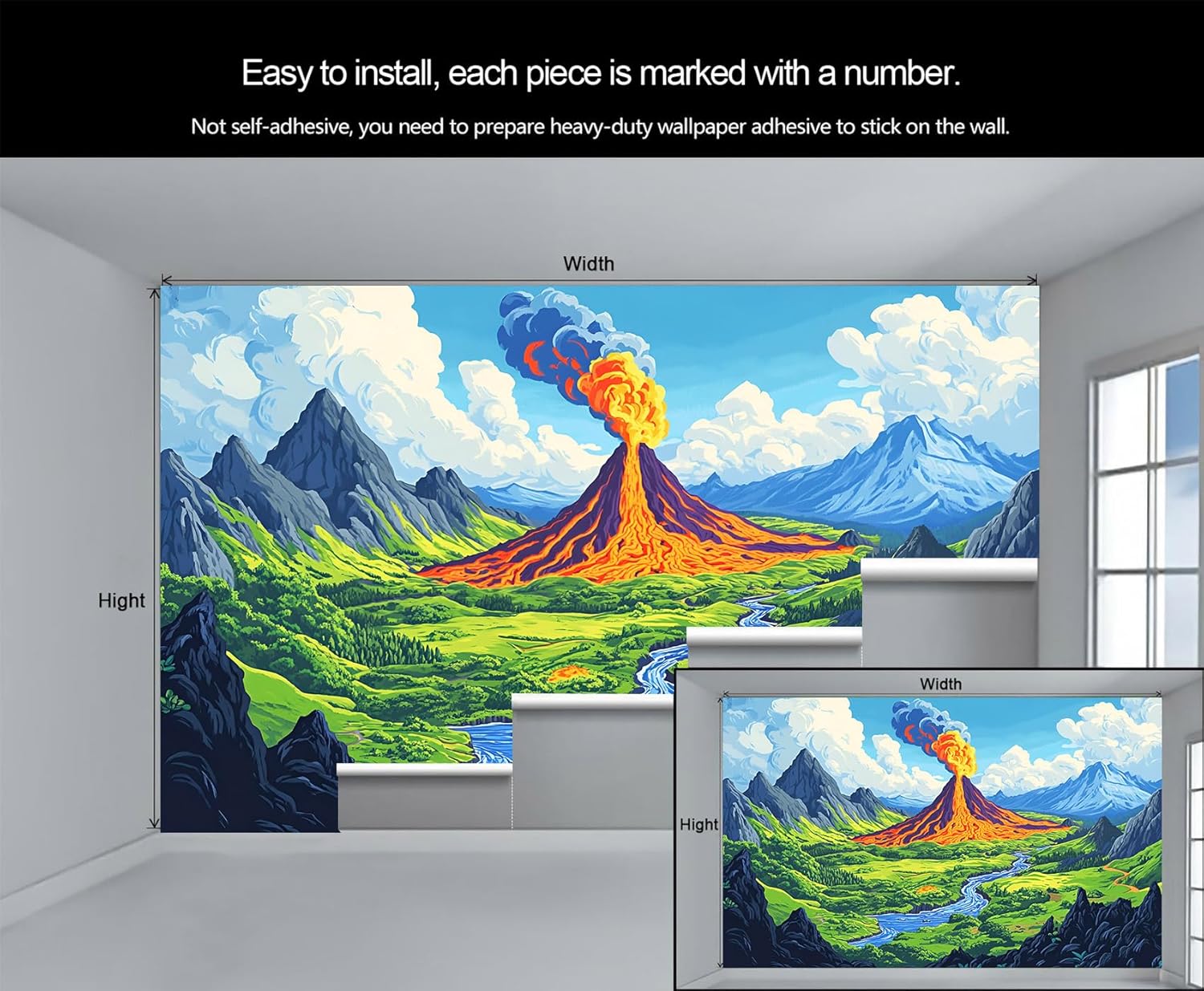 Volcano Wallpaper Mural - 79" x 79" Mural, Volcanic Lava Wallpaper for Living Room Bedroom, Natural Scenery Hd Photo, Watercolor Volcano Wall Mural for Kids Room (Not Peel and Stick)