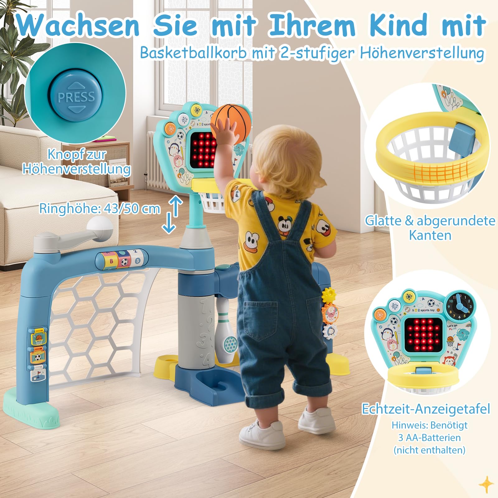 DREAMADE 5-in-1 Multiaktivitätszentrum mit Basketball, Fußball, Bowling, Baseball & Golf, höhenverstellbarer Basketballkorb mit Lichter & Geräusche, Spielgeräte für Kinder ab 18 Monaten