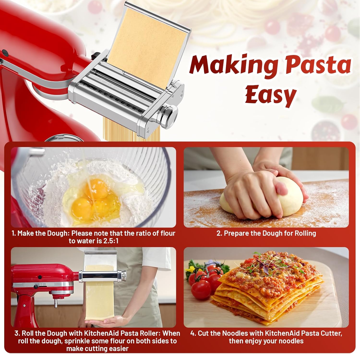 3 in 1 Pasta Attachment for KitchenAid Stand Mixer, Stainless Steel Pasta Maker Kitchen Aid Attachment Included Pasta Sheet Roller, Spaghetti & Fettuccine Cutter by InnoMoon