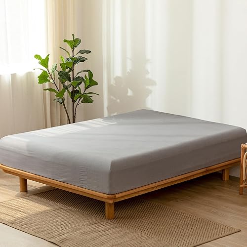 Miniatura 3 de MooMee Sábana bajera ajustable de solo 100% algodón lavado con textura parecida al lino, transpirable, duradera, suave y cómoda, bolsillo profundo