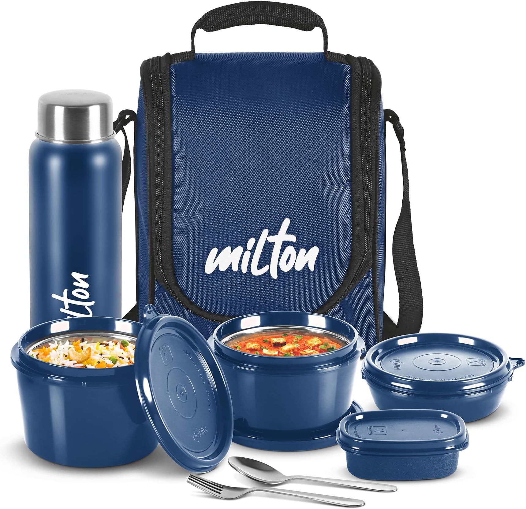 MILTON Pro Lunch Box, 3 Microwave Safe Inner Steel Containers (180 ml, 320 ml, 450 ml), Plastic Chutney Dabba (100 ml), Steel Bottle (750 ml) with Durable Lunch Bag, Leak-Proof Tiffin for Office, Blue