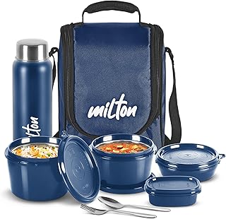 MILTON Pro Lunch Box, 3 Microwave Safe Inner Steel Containers (180 ml, 320 ml, 450 ml), Plastic Chutney Dabba (100 ml), St... Price In India