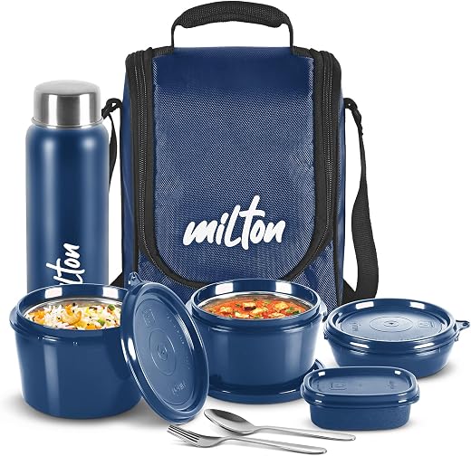MILTON Pro Lunch Box, 3 Microwave Safe Inner Steel Containers (180 ml, 320 ml, 450 ml), Plastic Chutney Dabba (100 ml), St...