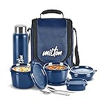 MILTON Pro Lunch Box, 3 Microwave Safe Inner Steel Containers (180 ml, 320 ml, 450 ml), Plastic Chutney Dabba (100 ml), Steel Bottle (750 ml) with Durable Lunch Bag, Leak-Proof Tiffin for Office, Blue