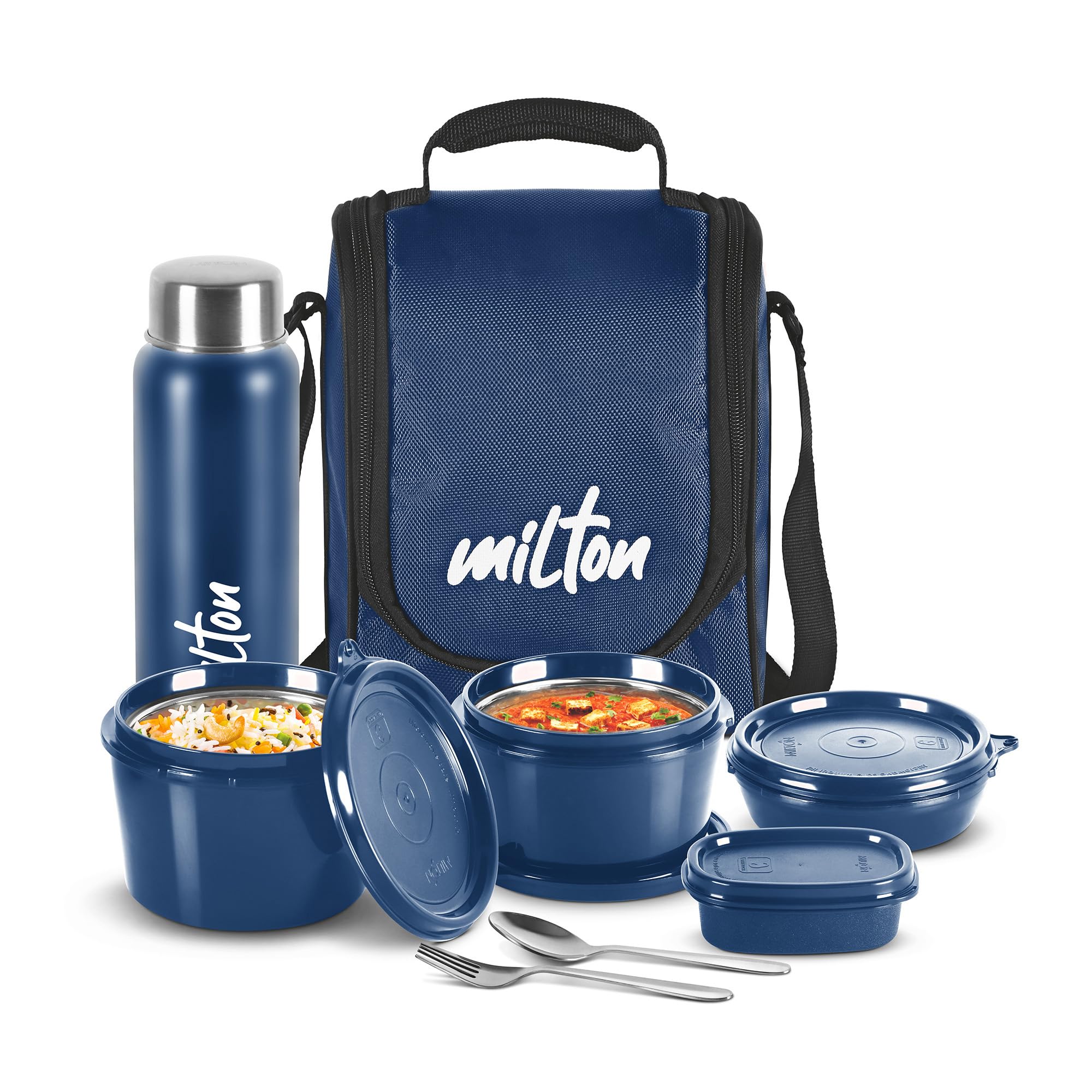 MILTON 8-Piece Pro Lunch Box Set with Insulated Bag & Cutlery - Includes 3 Microwave Safe Inner Steel Food Containers (180ml, 320ml, 450ml), 100ml Plastic Box, 750ml Bottle, Office Tiffin - Blue