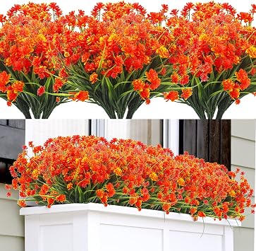 Grunyia Artificial Fake Flowers, 12 Bundles Outdoor UV Resistant Greenery Shrubs Plants Indoor Outside Hanging Planter Home Garden Decor Orange