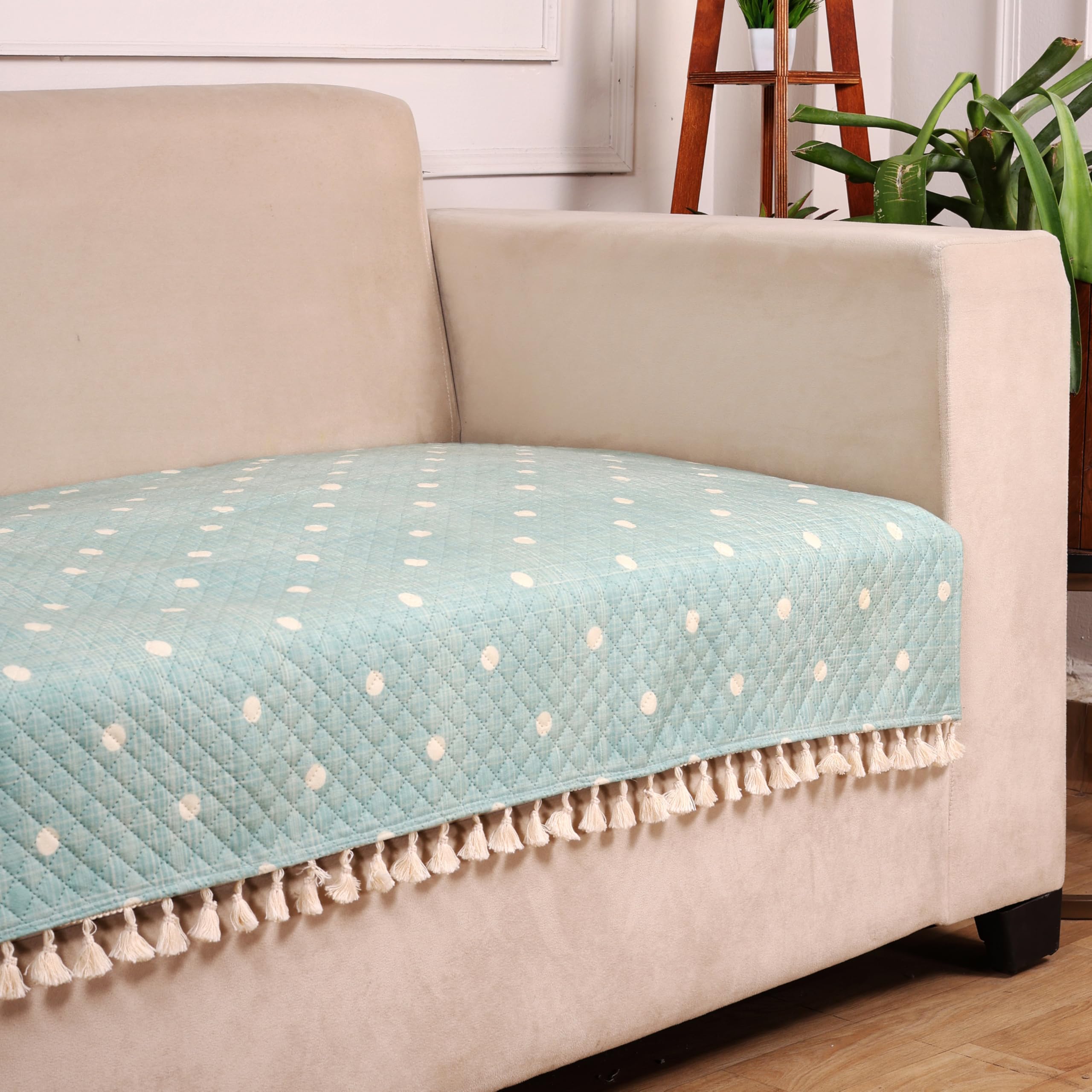 STITCHNEST 3 Seater Printed Quilted Velvet Sofa Slip Cover Protector with Tassels