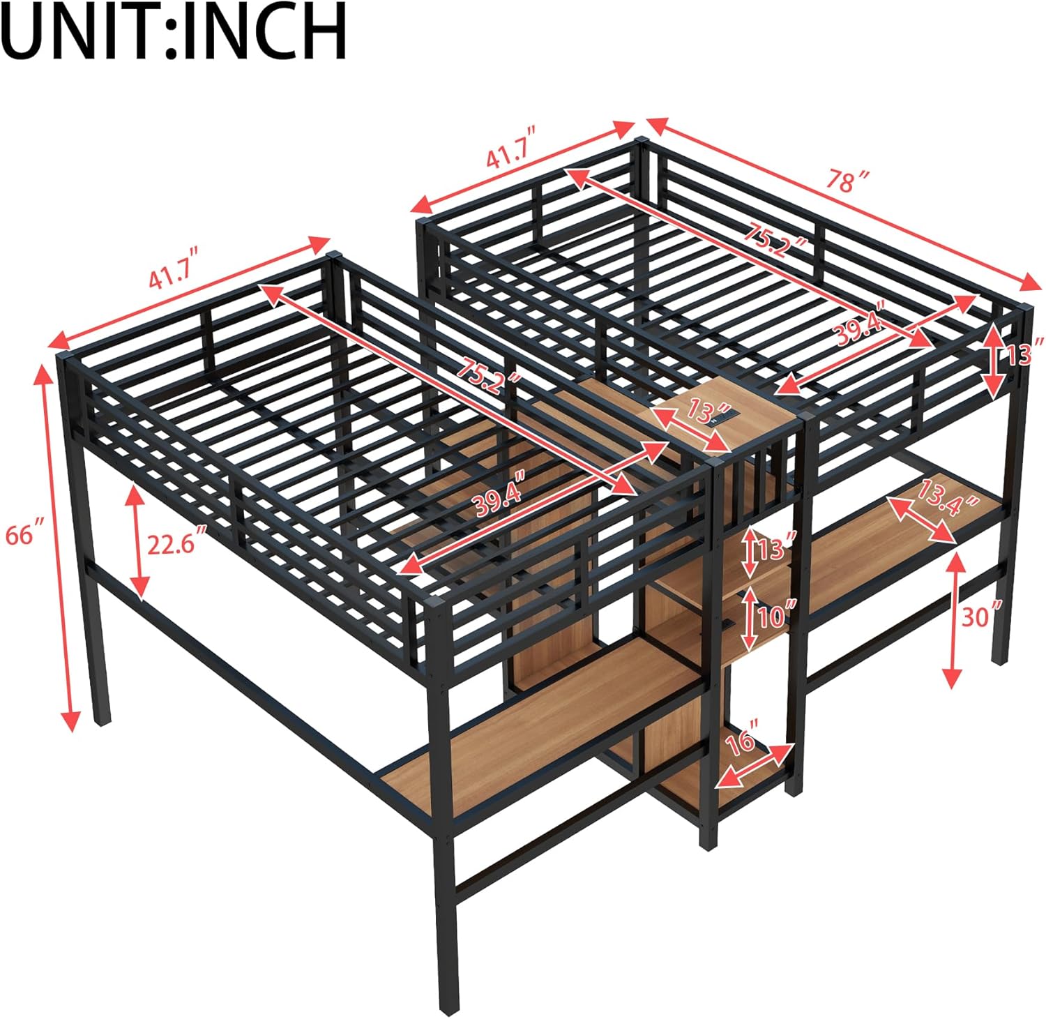 Diagram showing the dimensions of the Bellemave Twin Over Twin Metal Loft Bed in inches.