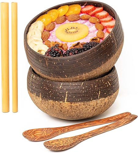 Rainforest Bowls Juego de 2 cuencos de coco Jumbo Horizons, 2 cucharas de madera y 2 popotes de bambú reutilizables, 100% naturales, tallados a mano