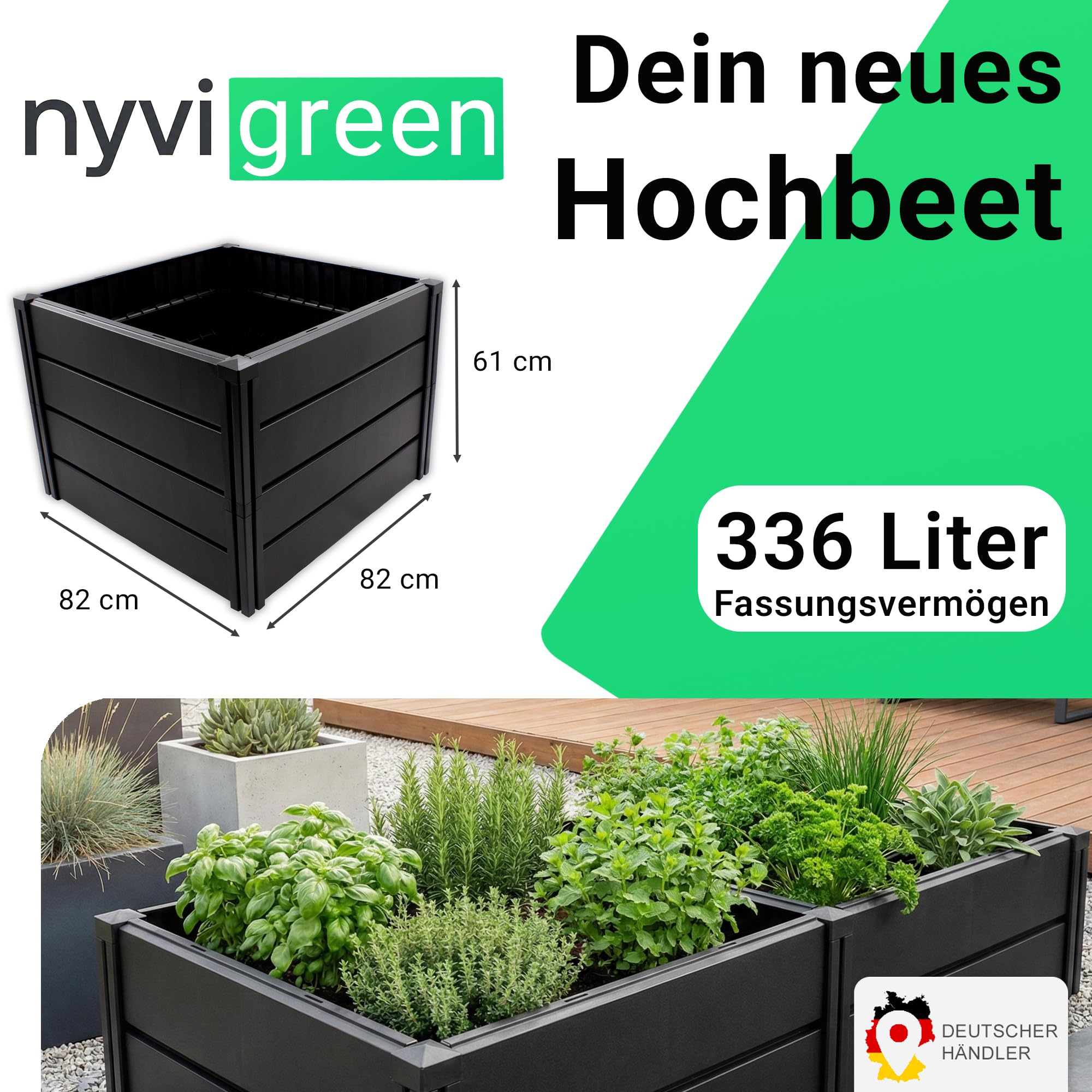 NYVI Hochbeet NYVIGreen M 82x82x61cm 336 Liter - Kunststoff Kräuterbeet für Garten, Terrasse, Balkon - Wetterfest, UV-resistent, Rostfrei, Langlebig - Einfache Steckmontage & Erweiterbarkeit