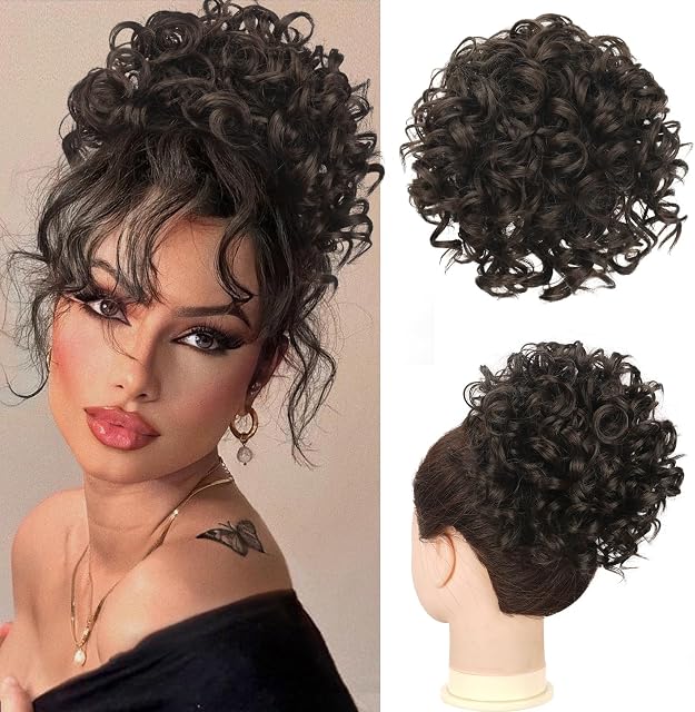 RUWISS Messy Bun Short Curly Drawstring Ponytail Extension Loose Hair Bun Hair Pieces for Women High Temperature Synthetic Hair Bun Extension Black Brown