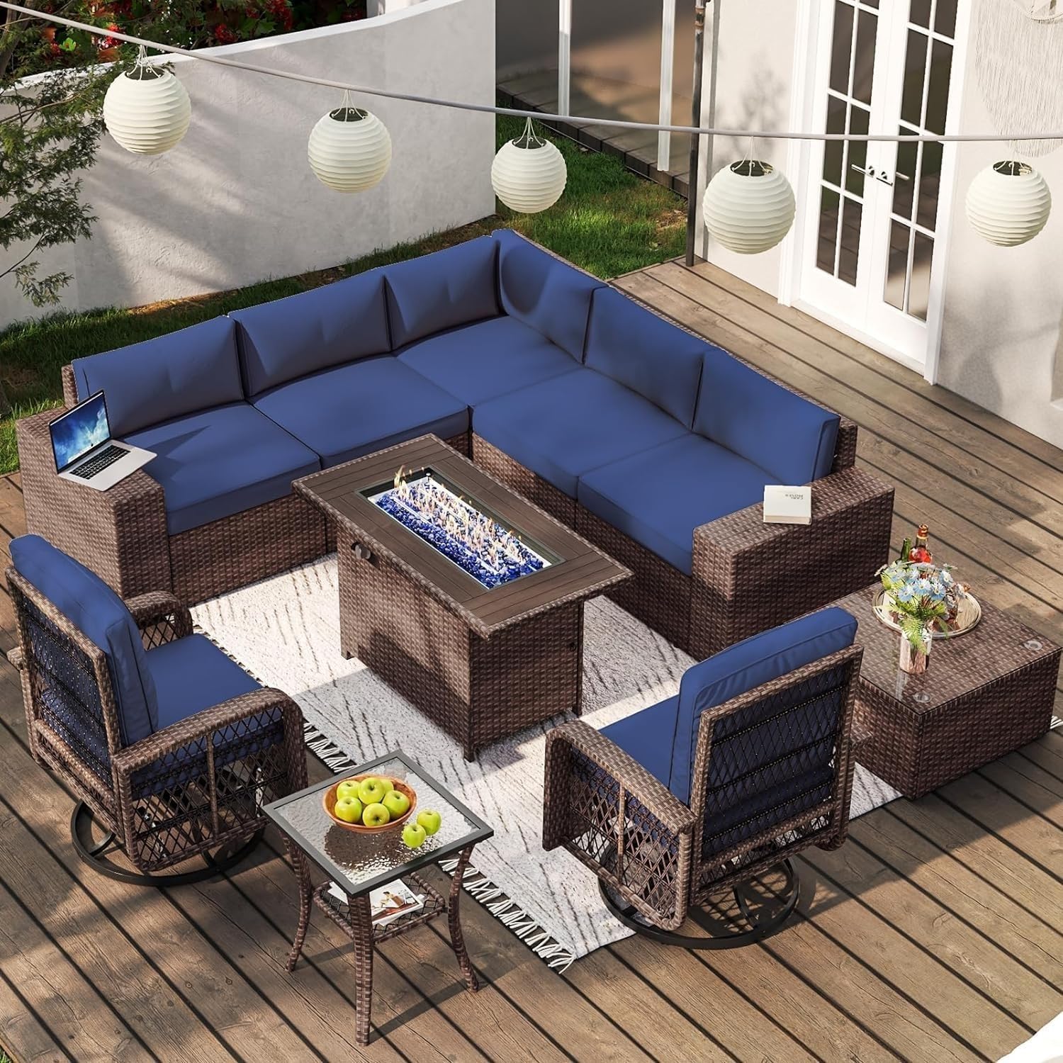 10 Piece Patio Furniture Set with Fire Pit Table and Swivel Chairs Rattan Outdoor Sectional Patio Conversation Sets with Seat Cushions for Backyard Deck Balcony Lawn