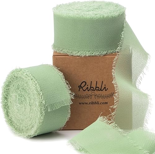 Miniatura 35 de Ribbli Cinta de gasa azul bebé de 1 pulgada x 20 yardas hecha a mano con flecos de seda, cinta azul para envolver regalos, invitaciones de boda