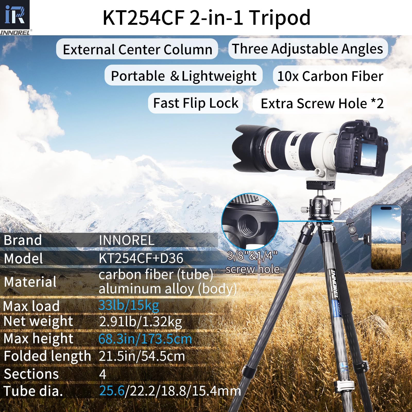 Kt254cf - innorel trépied Professionnel à clapet Rapide en Fibre de Carbone 25,6 mm Support Compact et léger avec tête sphérique à Double Encoche en U Mince d36 pour caméscopes Reflex numériques